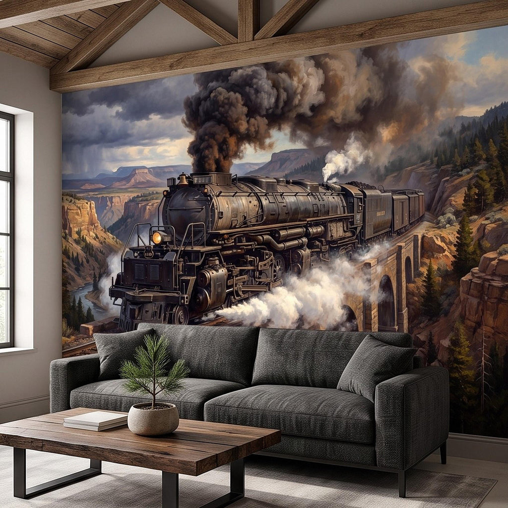 Steam Train Peel and Stick Wall Mural, Vintage Locomotive Mountain Railroad Canyon Bridge American West Railway Scenic Industrial Wallpaper
