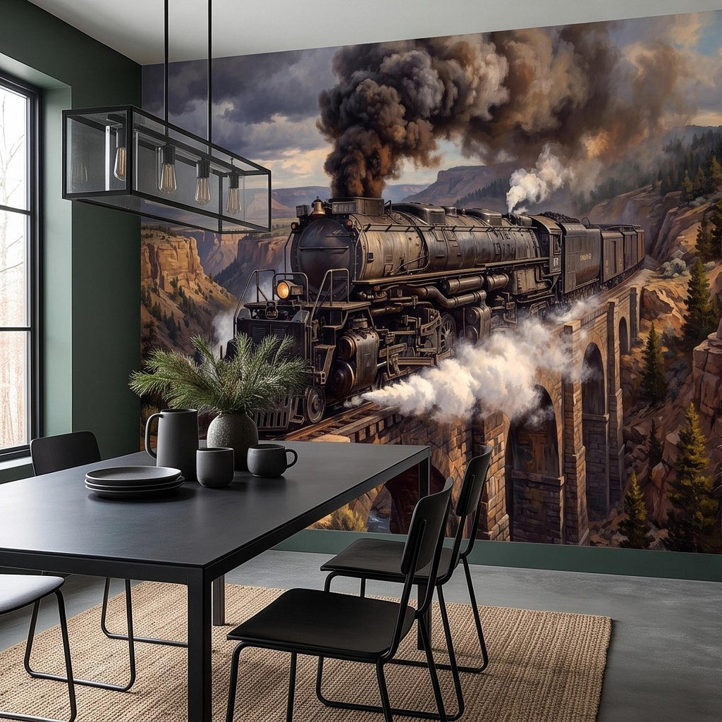 Steam Train Peel and Stick Wall Mural, Vintage Locomotive Mountain Railroad Canyon Bridge American West Railway Scenic Industrial Wallpaper