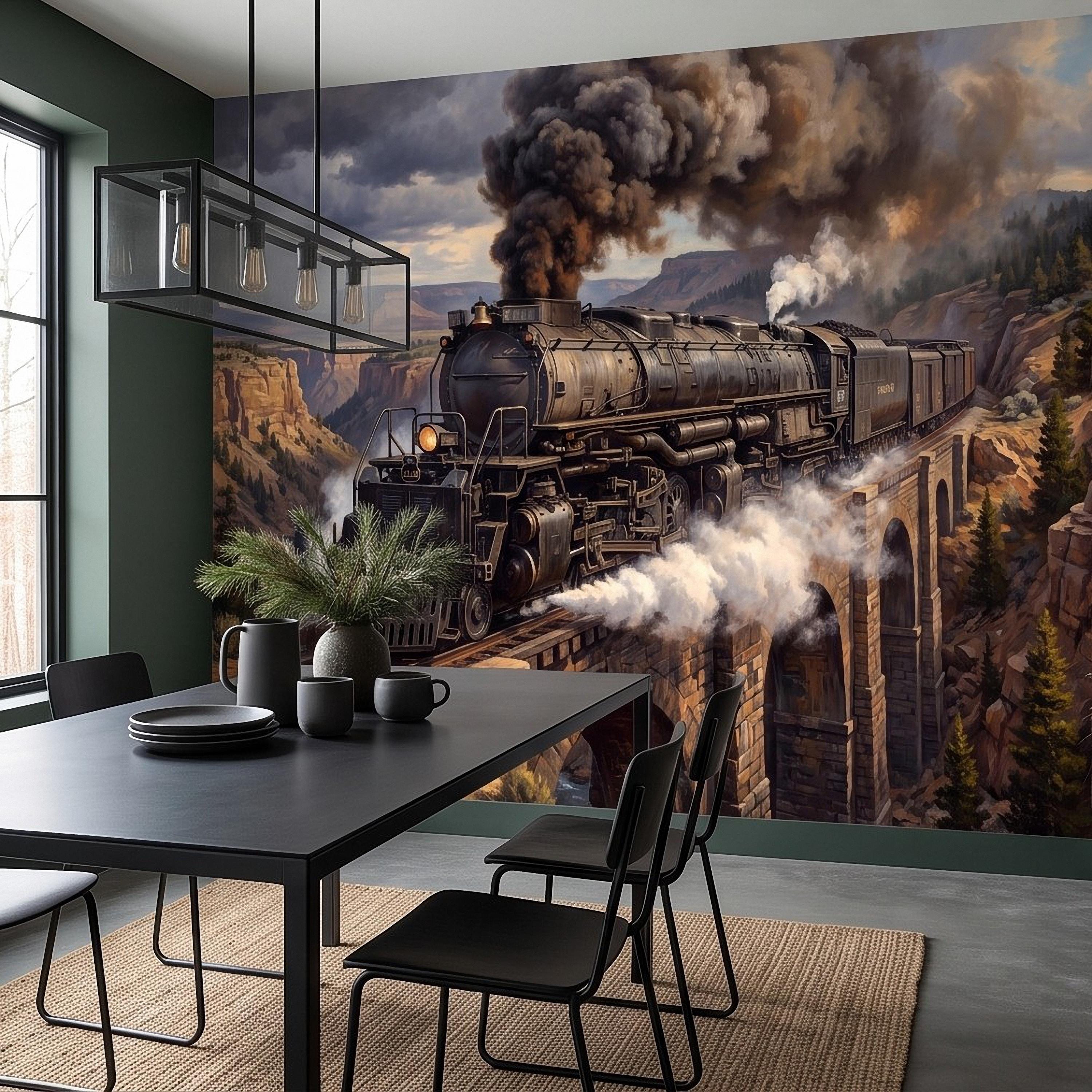 Steam Train Peel and Stick Wall Mural, Vintage Locomotive Mountain Railroad Canyon Bridge American West Railway Scenic Industrial Wallpaper