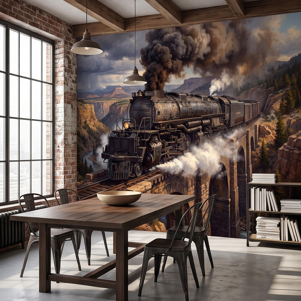 Steam Train Peel and Stick Wall Mural, Vintage Locomotive Mountain Railroad Canyon Bridge American West Railway Scenic Industrial Wallpaper
