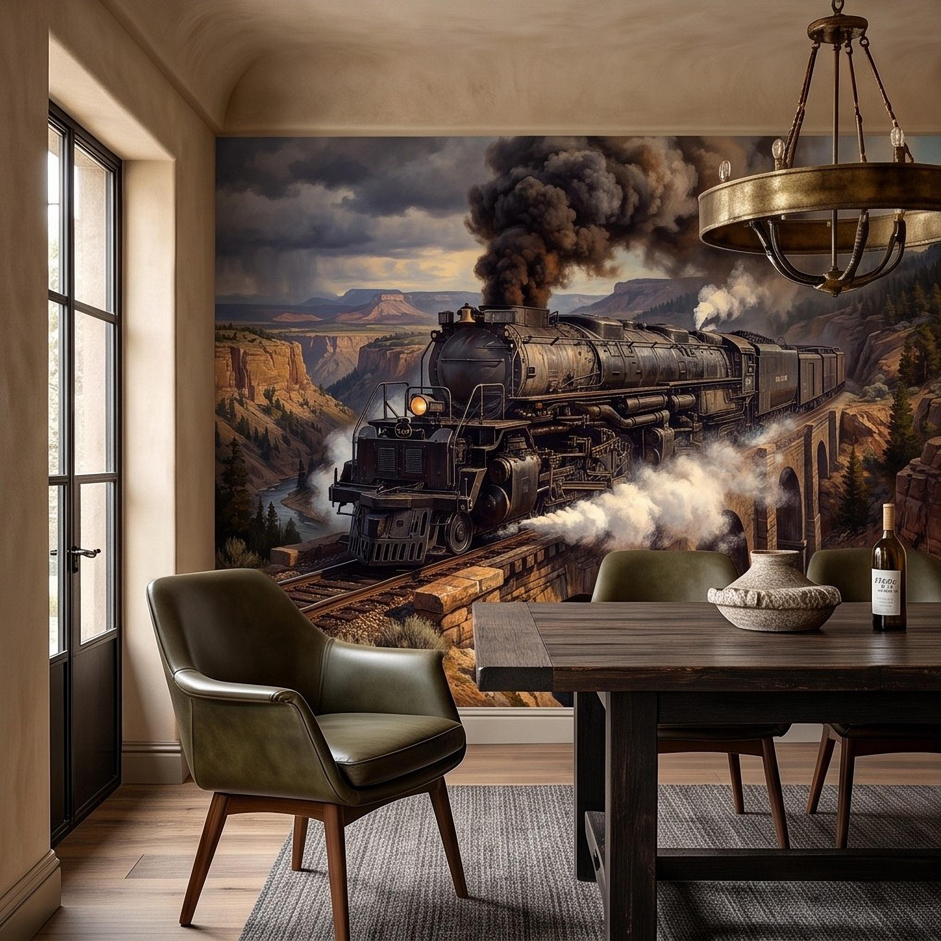 Steam Train Peel and Stick Wall Mural, Vintage Locomotive Mountain Railroad Canyon Bridge American West Railway Scenic Industrial Wallpaper