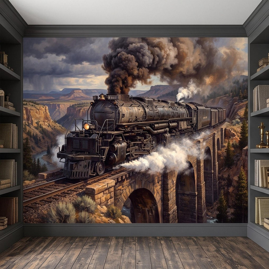 Steam Train Peel and Stick Wall Mural, Vintage Locomotive Mountain Railroad Canyon Bridge American West Railway Scenic Industrial Wallpaper