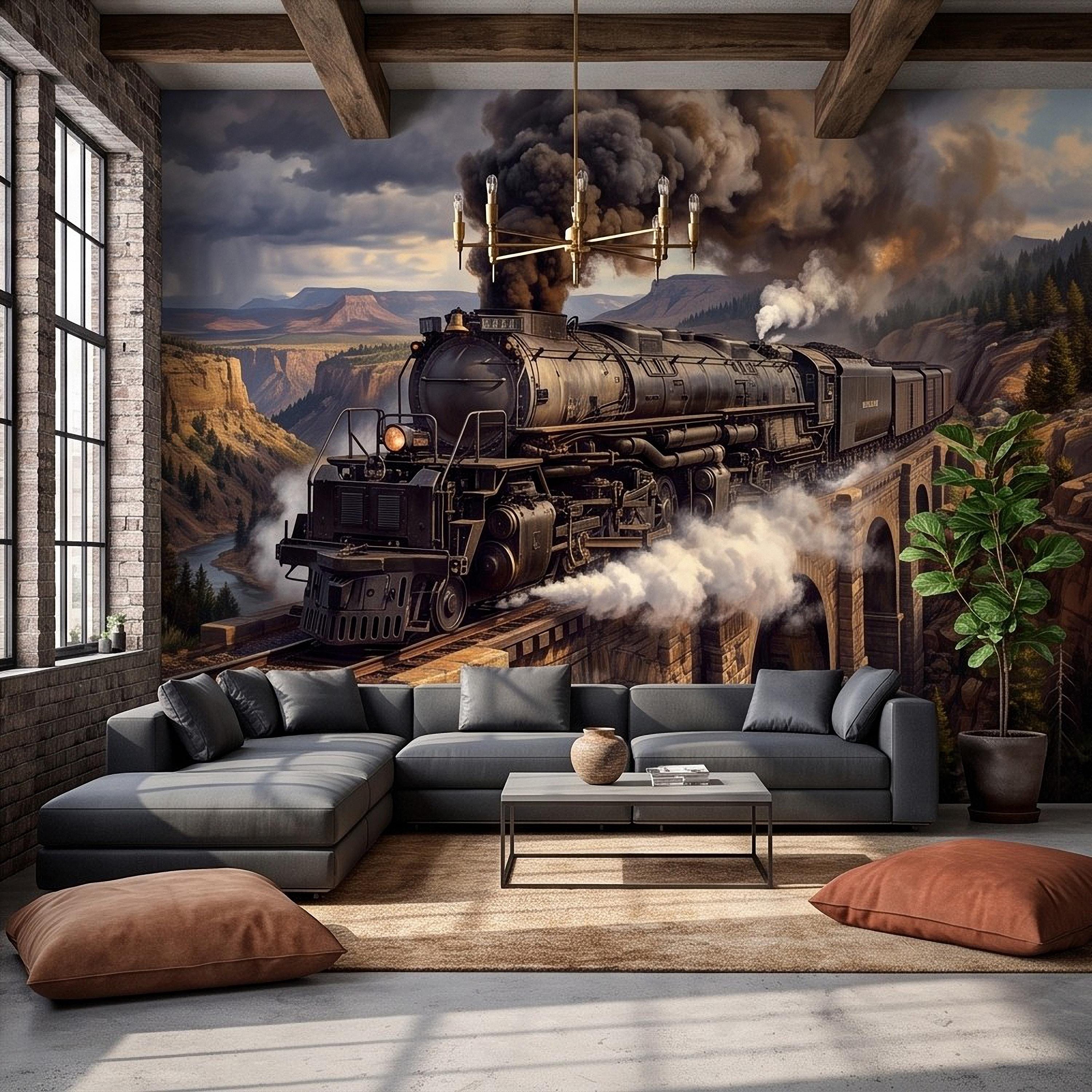 Steam Train Peel and Stick Wall Mural, Vintage Locomotive Mountain Railroad Canyon Bridge American West Railway Scenic Industrial Wallpaper