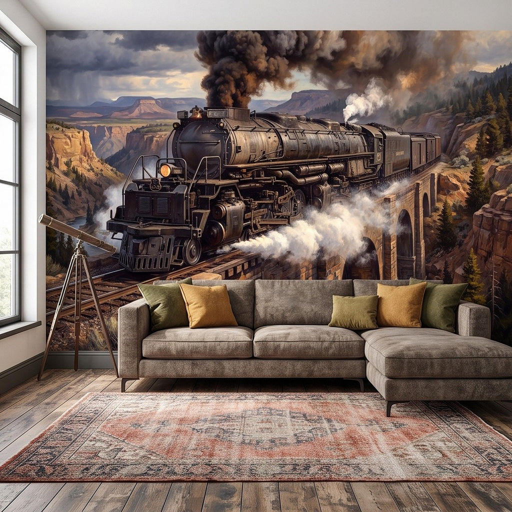 Steam Train Peel and Stick Wall Mural, Vintage Locomotive Mountain Railroad Canyon Bridge American West Railway Scenic Industrial Wallpaper