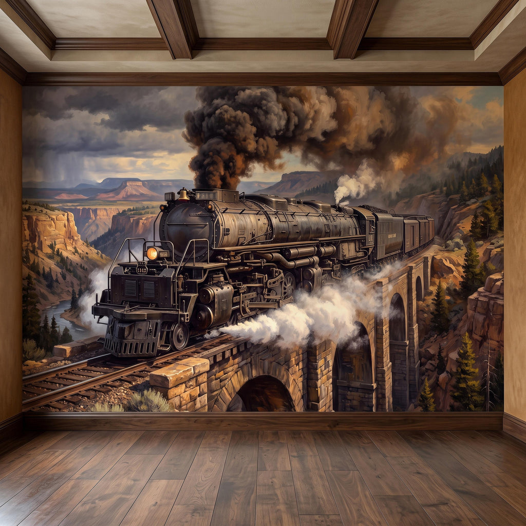 Steam Train Peel and Stick Wall Mural, Vintage Locomotive Mountain Railroad Canyon Bridge American West Railway Scenic Industrial Wallpaper