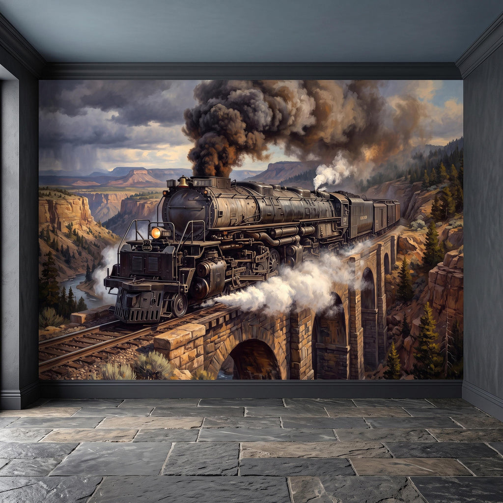 Steam Train Peel and Stick Wall Mural, Vintage Locomotive Mountain Railroad Canyon Bridge American West Railway Scenic Industrial Wallpaper