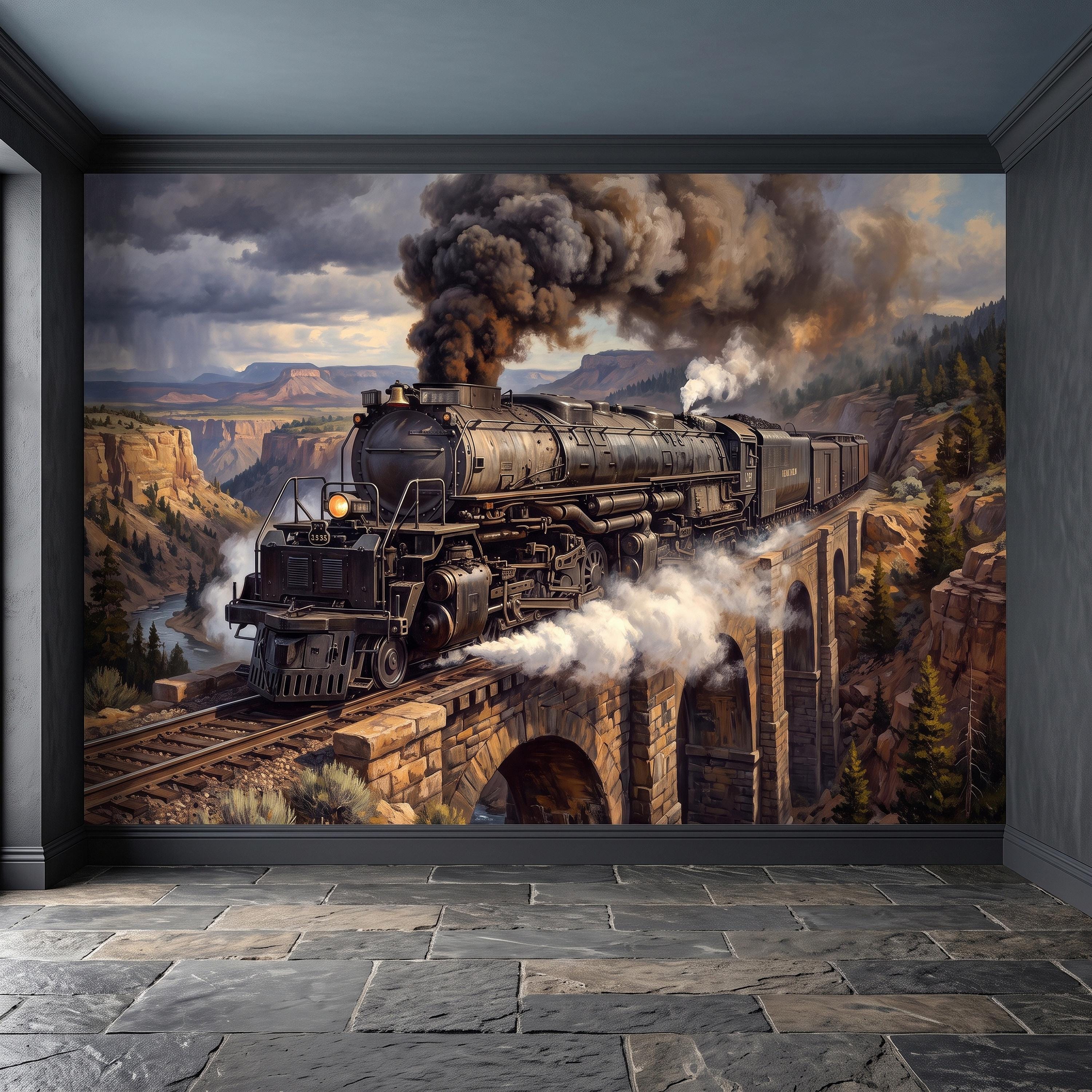 Steam Train Peel and Stick Wall Mural, Vintage Locomotive Mountain Railroad Canyon Bridge American West Railway Scenic Industrial Wallpaper