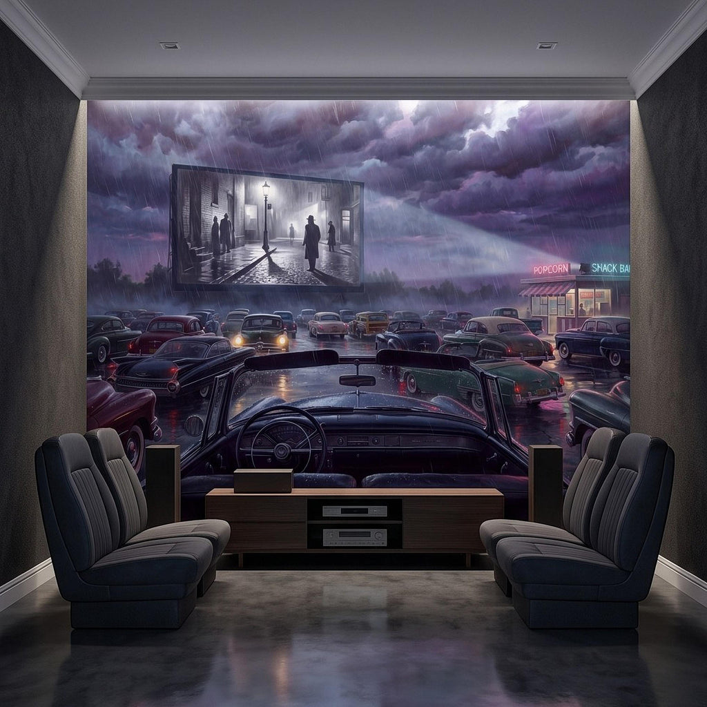 Vintage Drive In Movie Peel and Stick Wall Mural, Classic Cars Outdoor Cinema Rainy Night Retro Americana Nostalgic Movie Theater Wallpaper