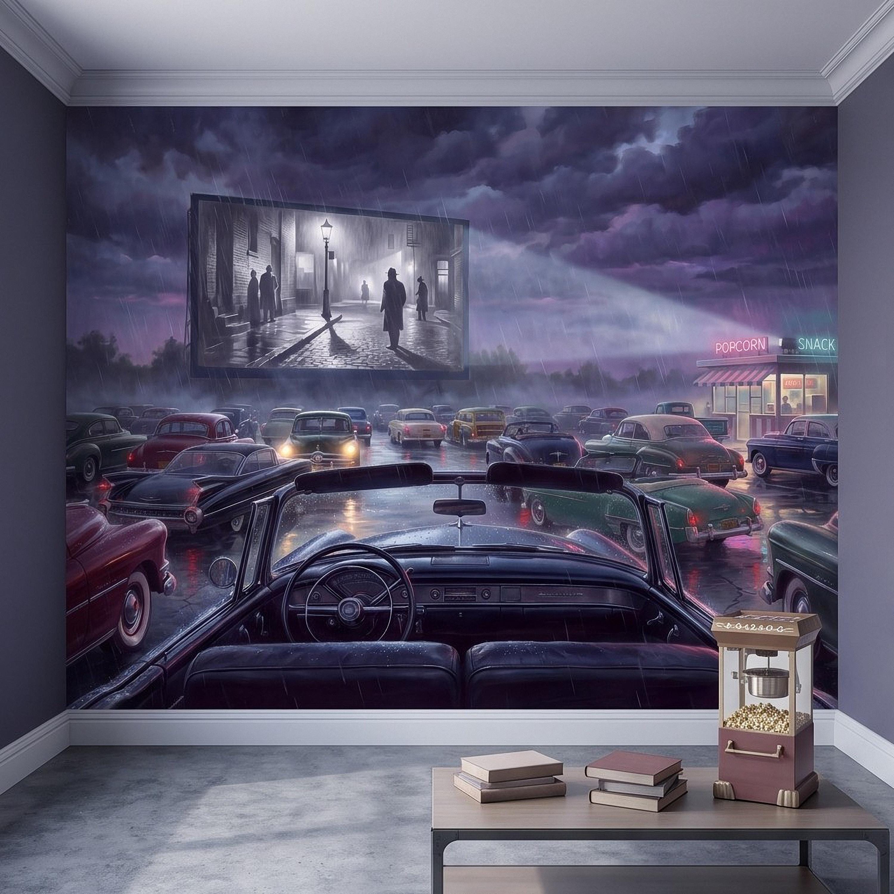 Vintage Drive In Movie Peel and Stick Wall Mural, Classic Cars Outdoor Cinema Rainy Night Retro Americana Nostalgic Movie Theater Wallpaper