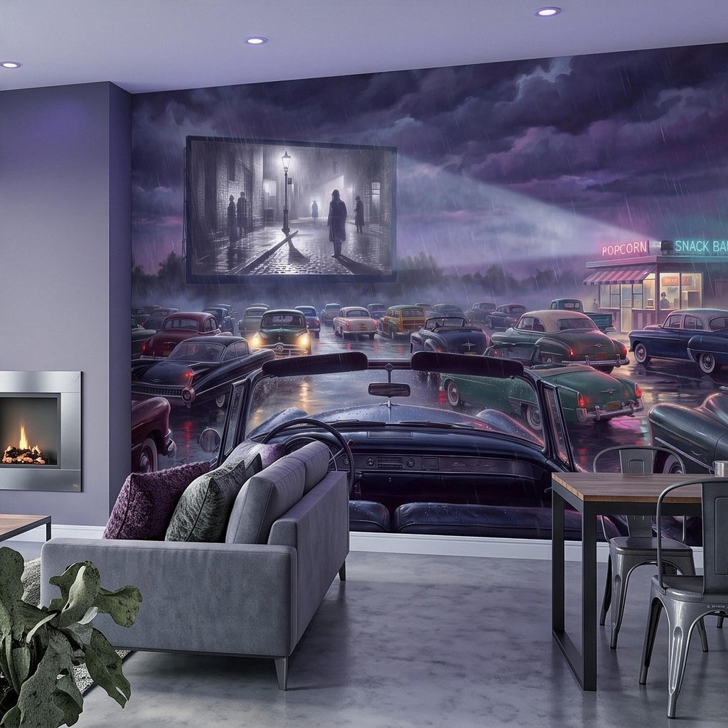 Vintage Drive In Movie Peel and Stick Wall Mural, Classic Cars Outdoor Cinema Rainy Night Retro Americana Nostalgic Movie Theater Wallpaper