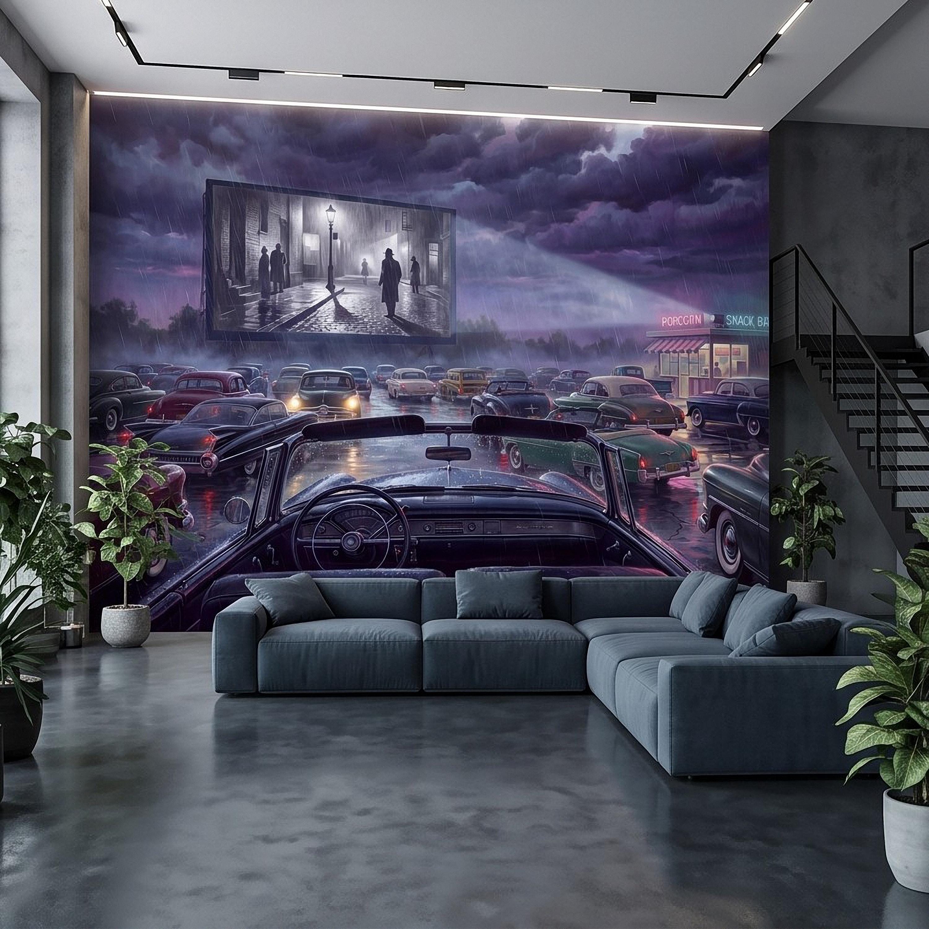 Vintage Drive In Movie Peel and Stick Wall Mural, Classic Cars Outdoor Cinema Rainy Night Retro Americana Nostalgic Movie Theater Wallpaper