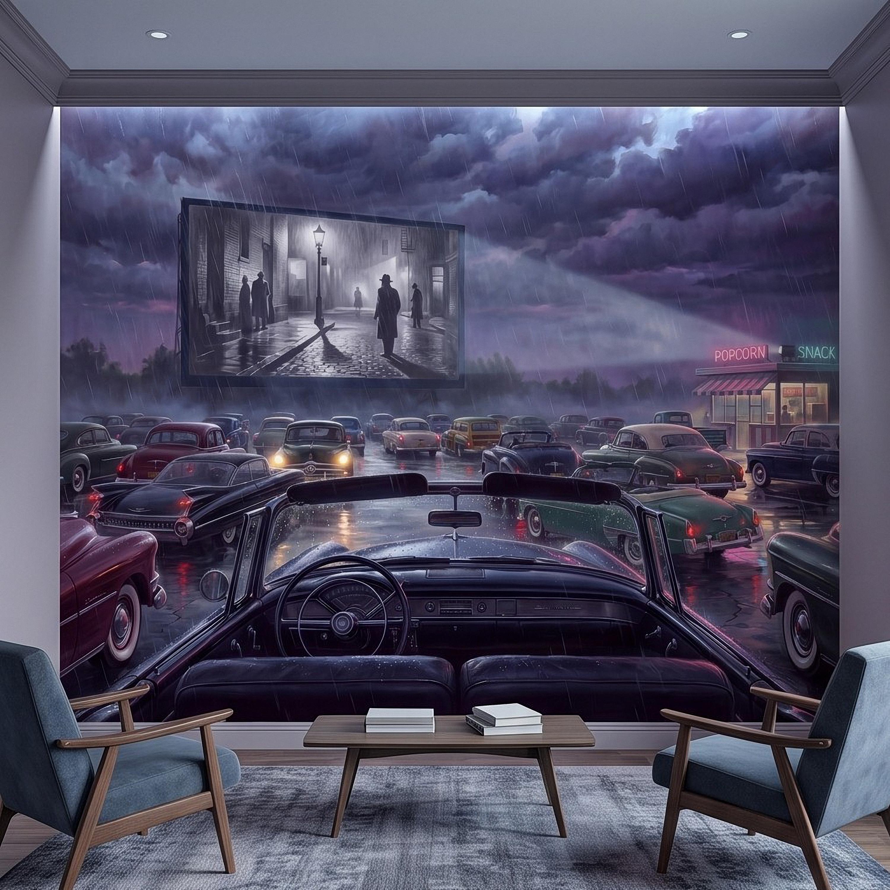 Vintage Drive In Movie Peel and Stick Wall Mural, Classic Cars Outdoor Cinema Rainy Night Retro Americana Nostalgic Movie Theater Wallpaper