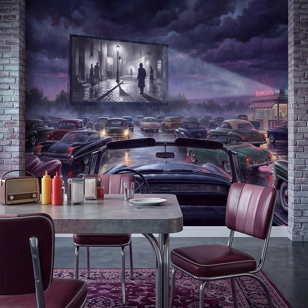 Vintage Drive In Movie Peel and Stick Wall Mural, Classic Cars Outdoor Cinema Rainy Night Retro Americana Nostalgic Movie Theater Wallpaper