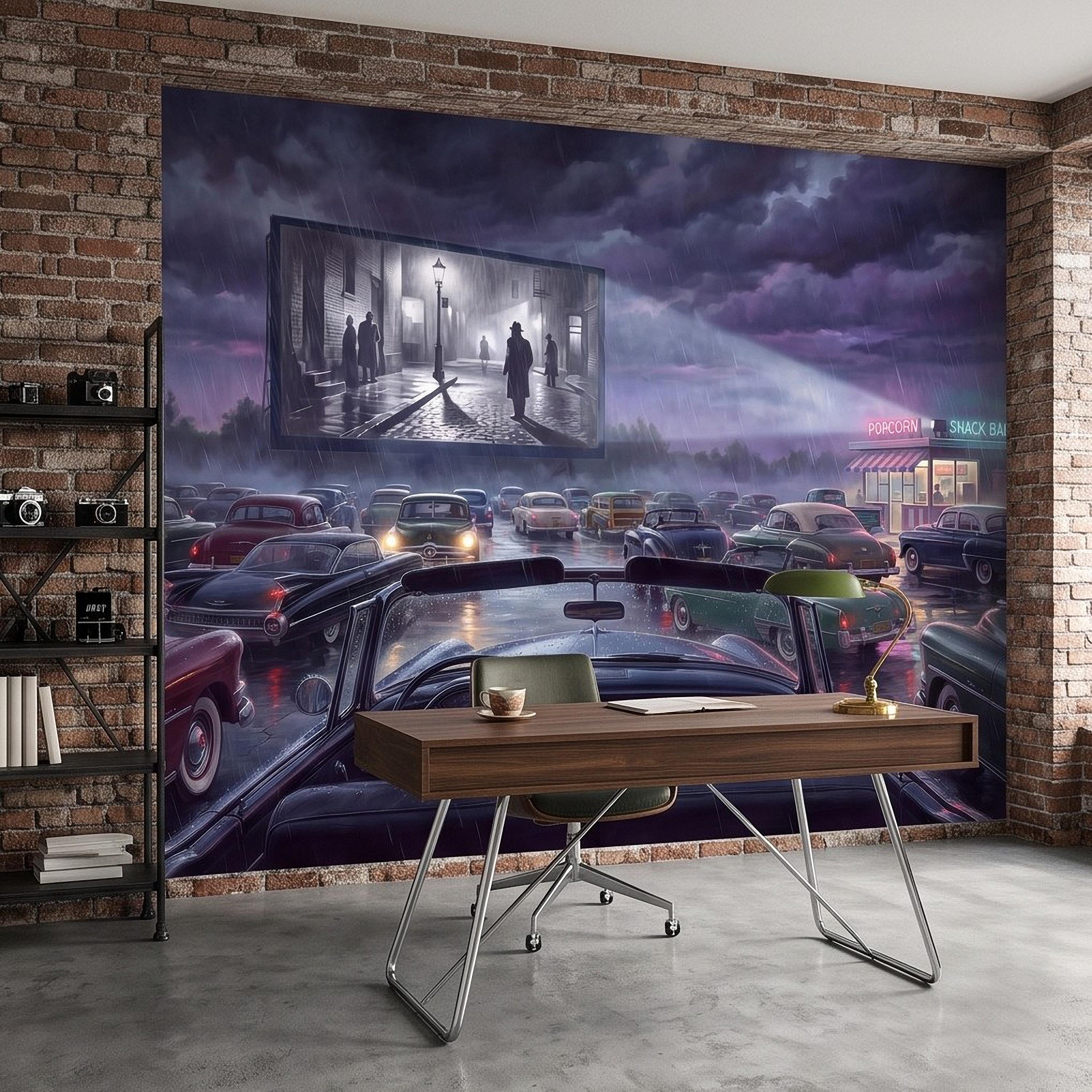 Vintage Drive In Movie Peel and Stick Wall Mural, Classic Cars Outdoor Cinema Rainy Night Retro Americana Nostalgic Movie Theater Wallpaper