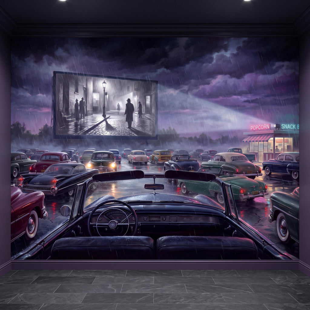 Vintage Drive In Movie Peel and Stick Wall Mural, Classic Cars Outdoor Cinema Rainy Night Retro Americana Nostalgic Movie Theater Wallpaper
