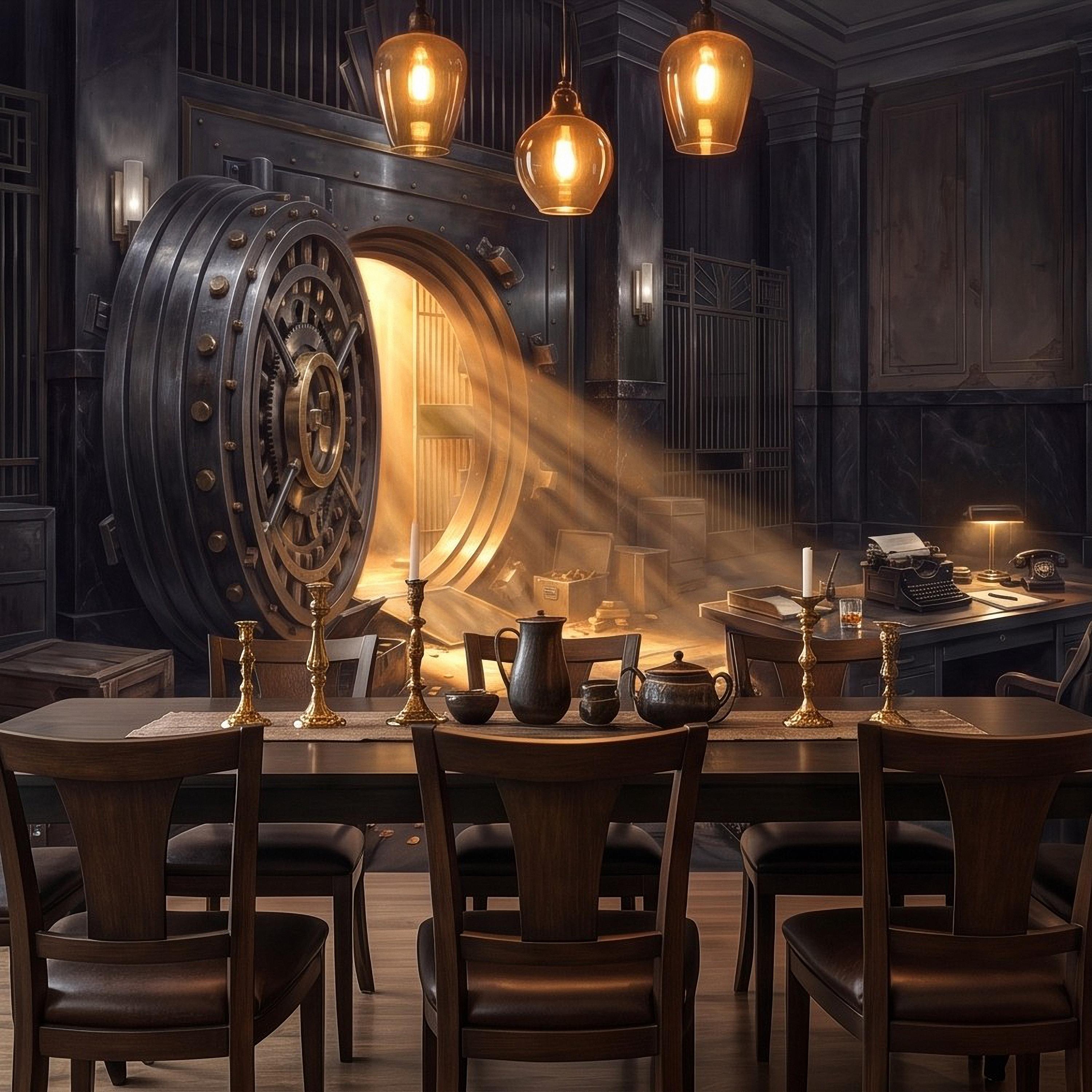 Bank Vault Peel and Stick Wall Mural, Open Safe Gold Bars Vintage Office Dark Luxury Interior Secret Treasure Dramatic Industrial Wallpaper