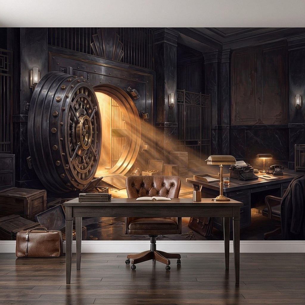 Bank Vault Peel and Stick Wall Mural, Open Safe Gold Bars Vintage Office Dark Luxury Interior Secret Treasure Dramatic Industrial Wallpaper