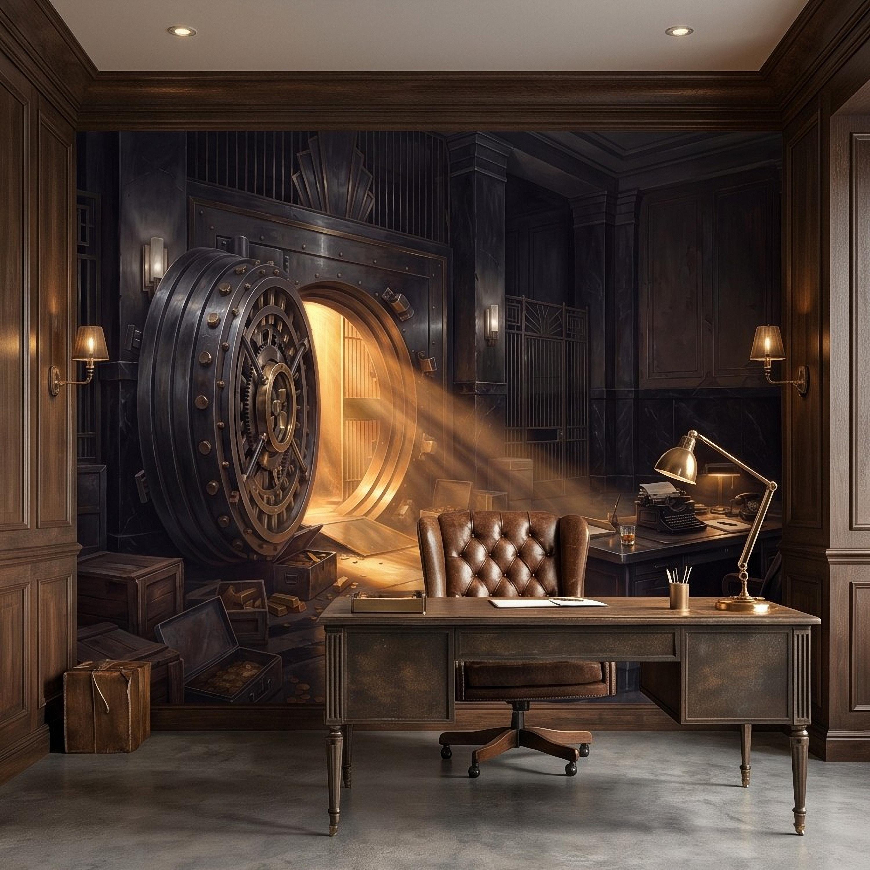 Bank Vault Peel and Stick Wall Mural, Open Safe Gold Bars Vintage Office Dark Luxury Interior Secret Treasure Dramatic Industrial Wallpaper