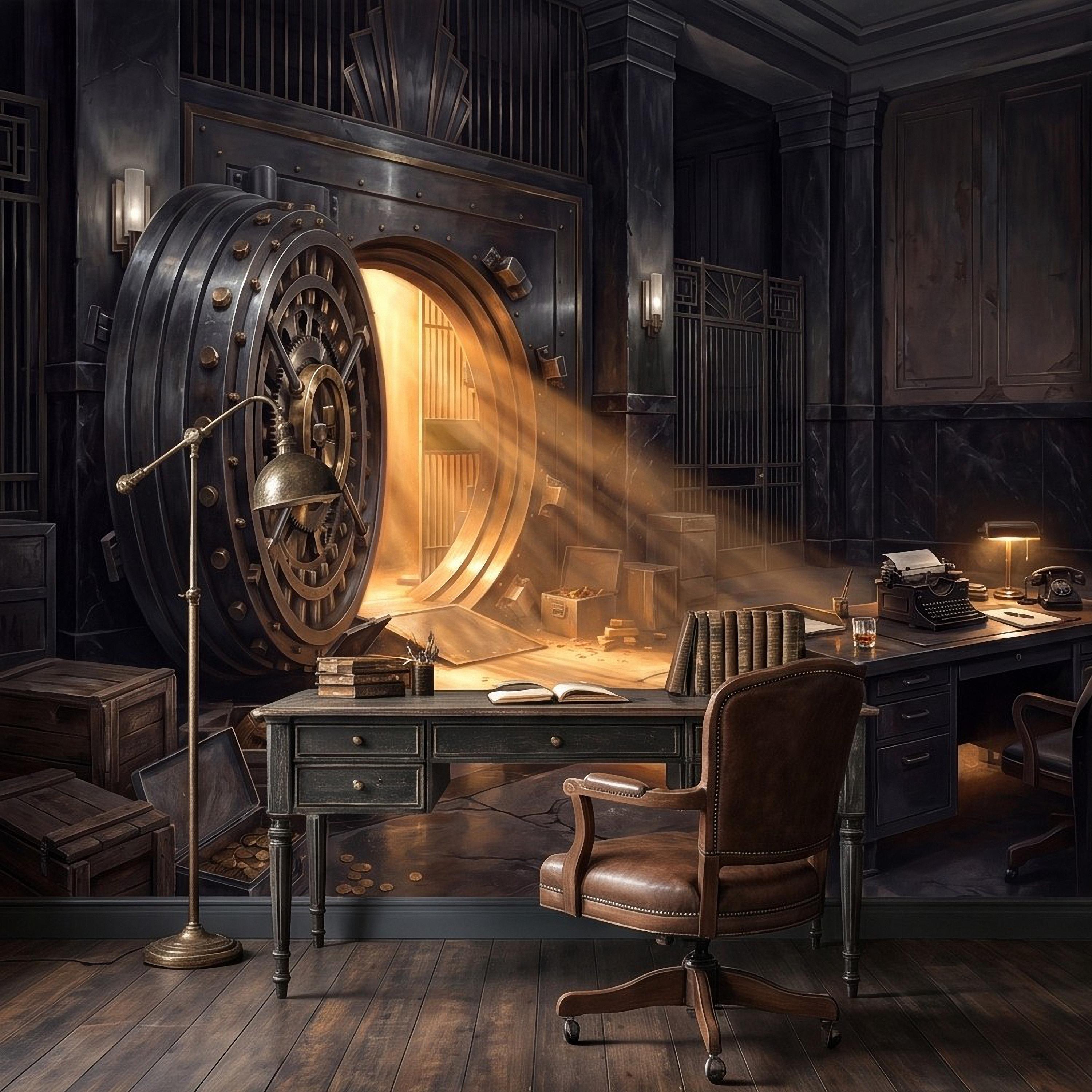 Bank Vault Peel and Stick Wall Mural, Open Safe Gold Bars Vintage Office Dark Luxury Interior Secret Treasure Dramatic Industrial Wallpaper