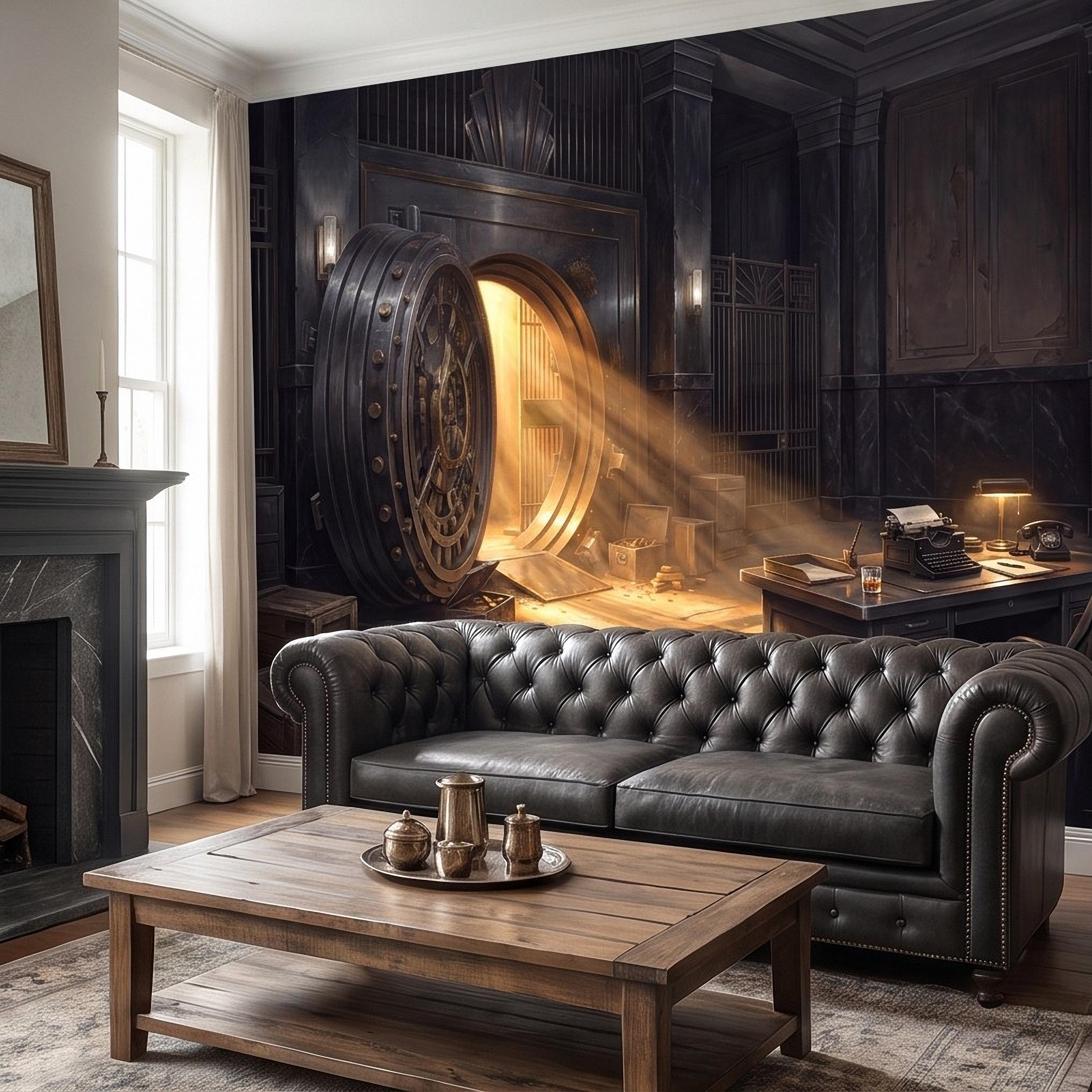 Bank Vault Peel and Stick Wall Mural, Open Safe Gold Bars Vintage Office Dark Luxury Interior Secret Treasure Dramatic Industrial Wallpaper