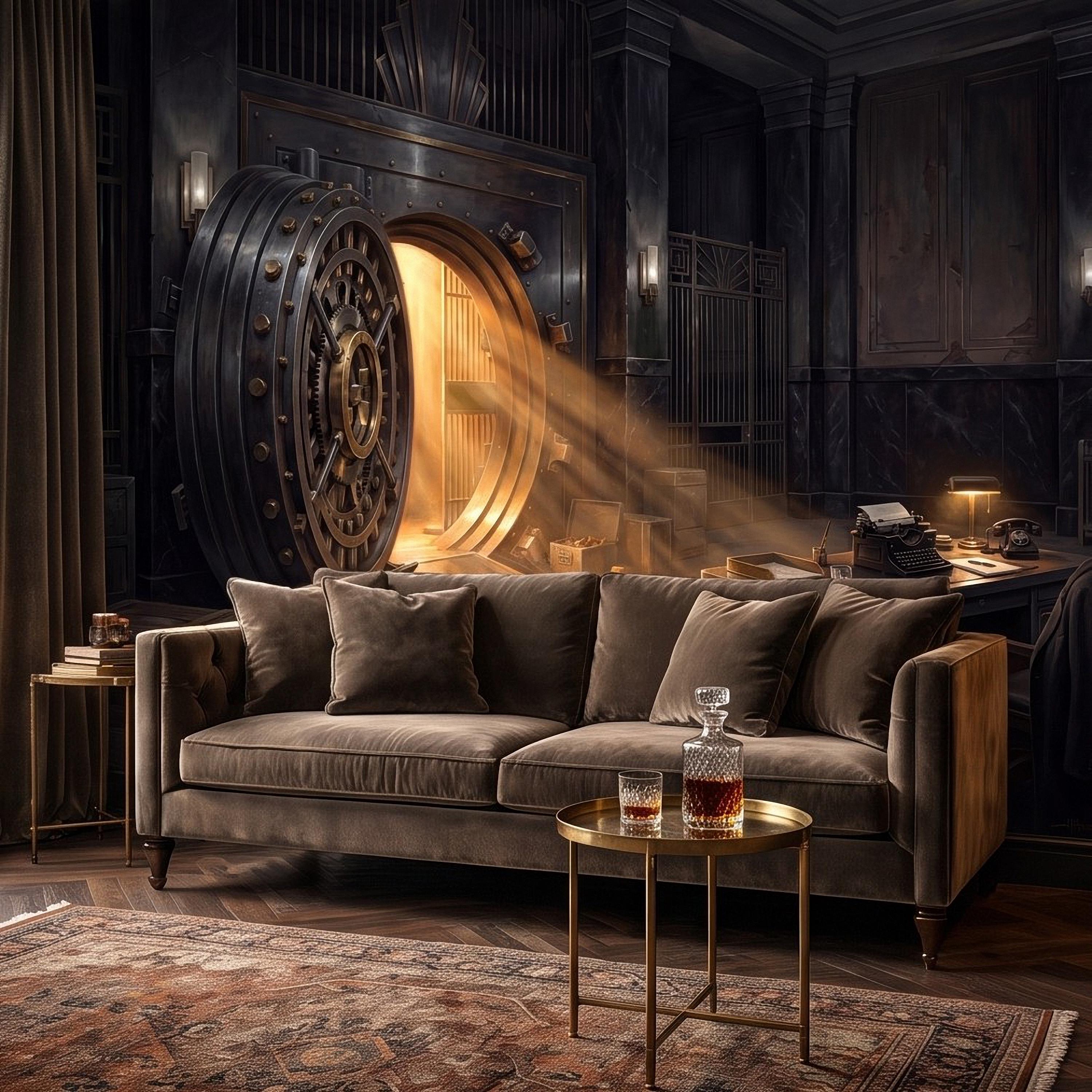 Bank Vault Peel and Stick Wall Mural, Open Safe Gold Bars Vintage Office Dark Luxury Interior Secret Treasure Dramatic Industrial Wallpaper