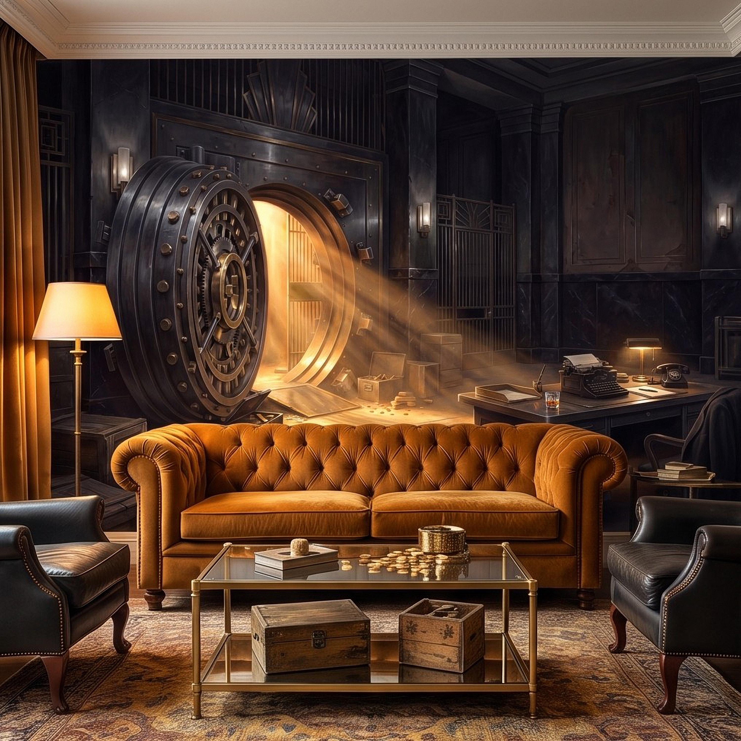 Bank Vault Peel and Stick Wall Mural, Open Safe Gold Bars Vintage Office Dark Luxury Interior Secret Treasure Dramatic Industrial Wallpaper