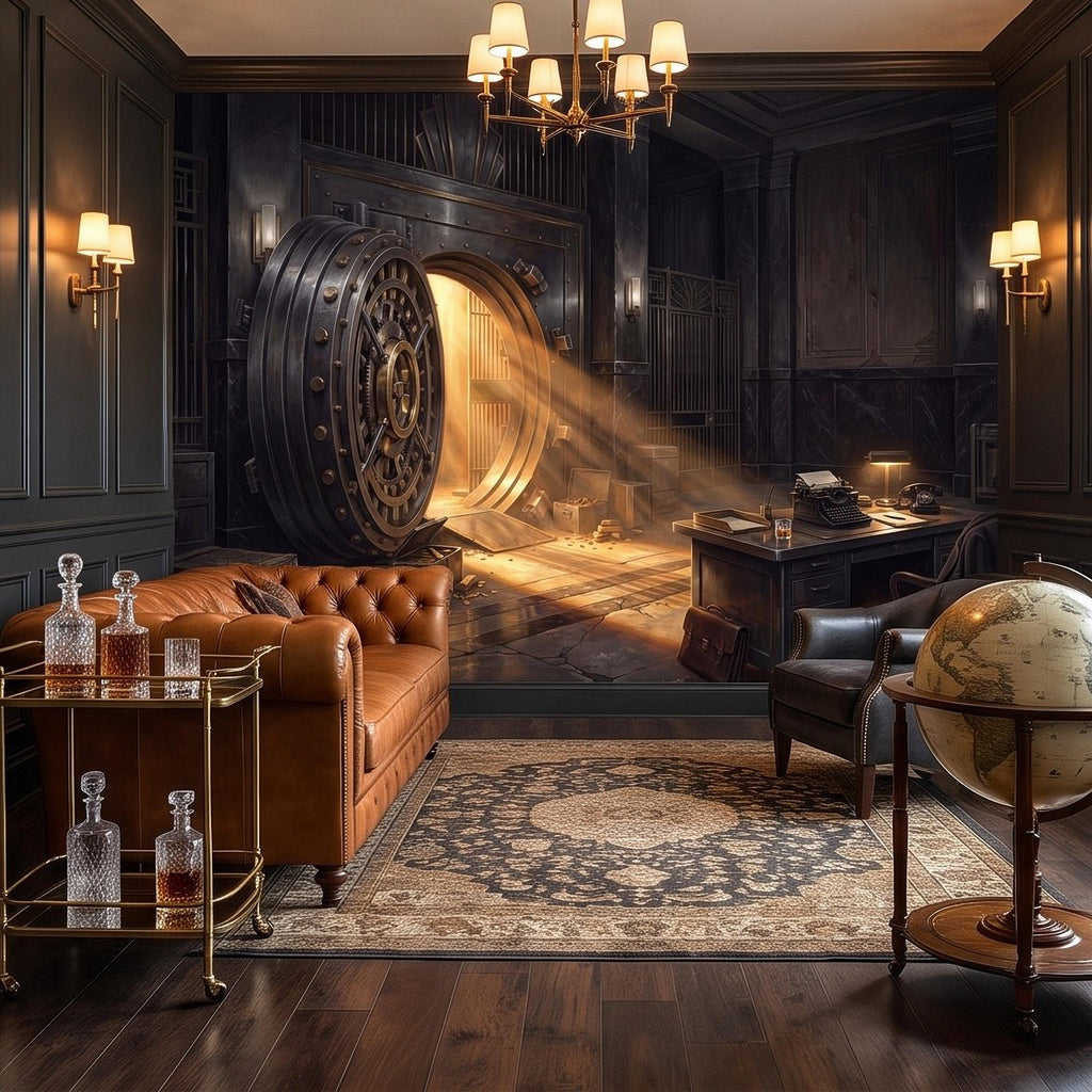 Bank Vault Peel and Stick Wall Mural, Open Safe Gold Bars Vintage Office Dark Luxury Interior Secret Treasure Dramatic Industrial Wallpaper