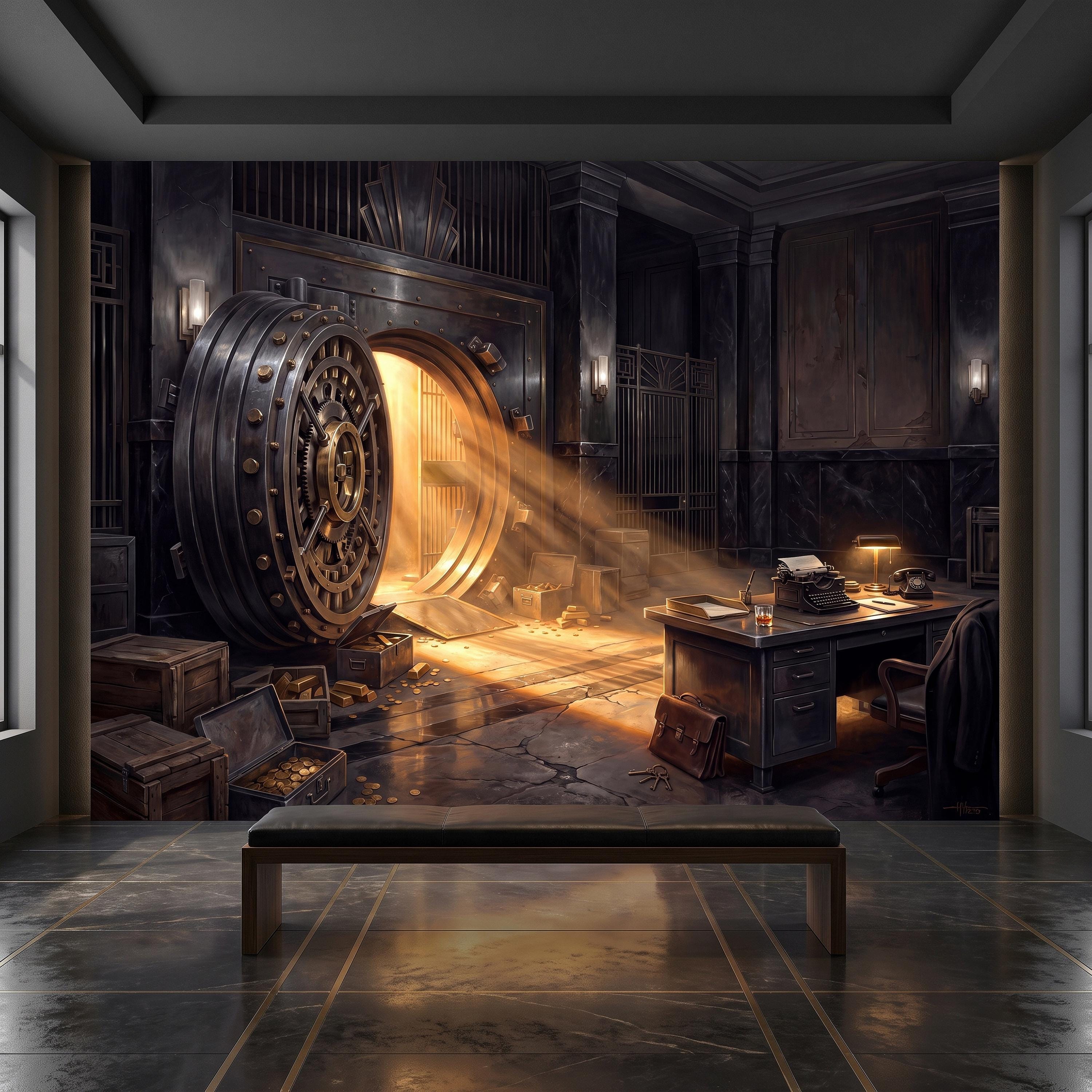 Bank Vault Peel and Stick Wall Mural, Open Safe Gold Bars Vintage Office Dark Luxury Interior Secret Treasure Dramatic Industrial Wallpaper