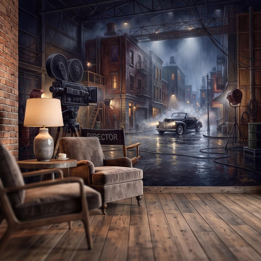Hollywood Movie Set Peel and Stick Wall Mural, Vintage Film Camera Director Chair Rainy Street Classic Cinema Backlot Retro Film Wallpaper