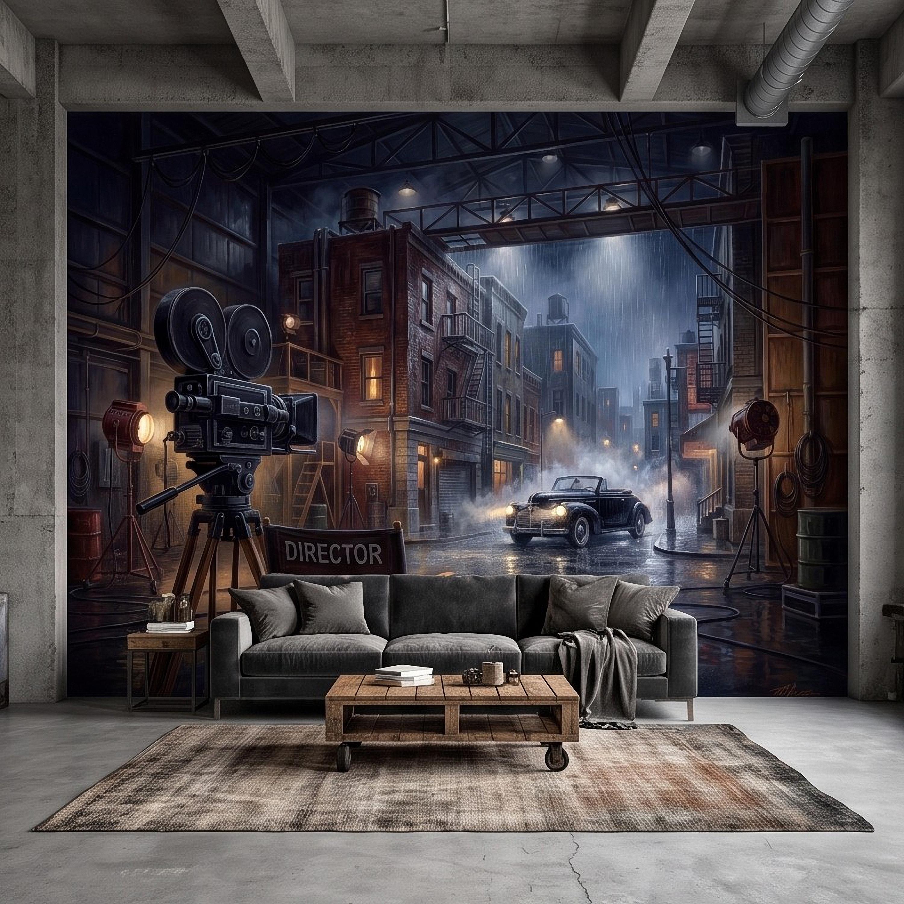 Hollywood Movie Set Peel and Stick Wall Mural, Vintage Film Camera Director Chair Rainy Street Classic Cinema Backlot Retro Film Wallpaper