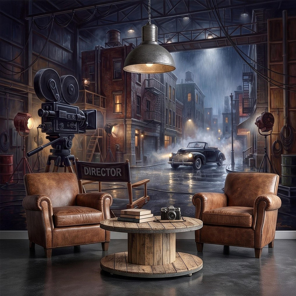 Hollywood Movie Set Peel and Stick Wall Mural, Vintage Film Camera Director Chair Rainy Street Classic Cinema Backlot Retro Film Wallpaper