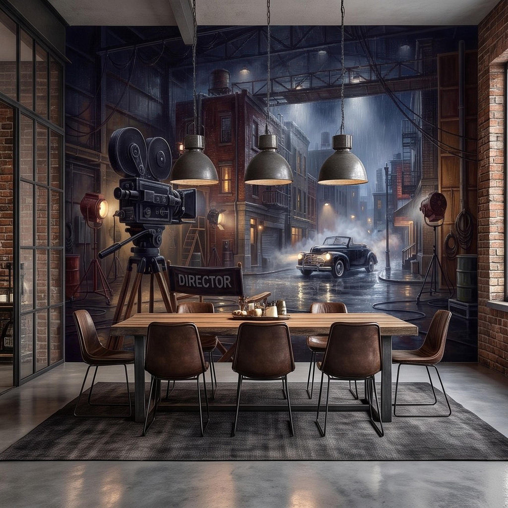 Hollywood Movie Set Peel and Stick Wall Mural, Vintage Film Camera Director Chair Rainy Street Classic Cinema Backlot Retro Film Wallpaper