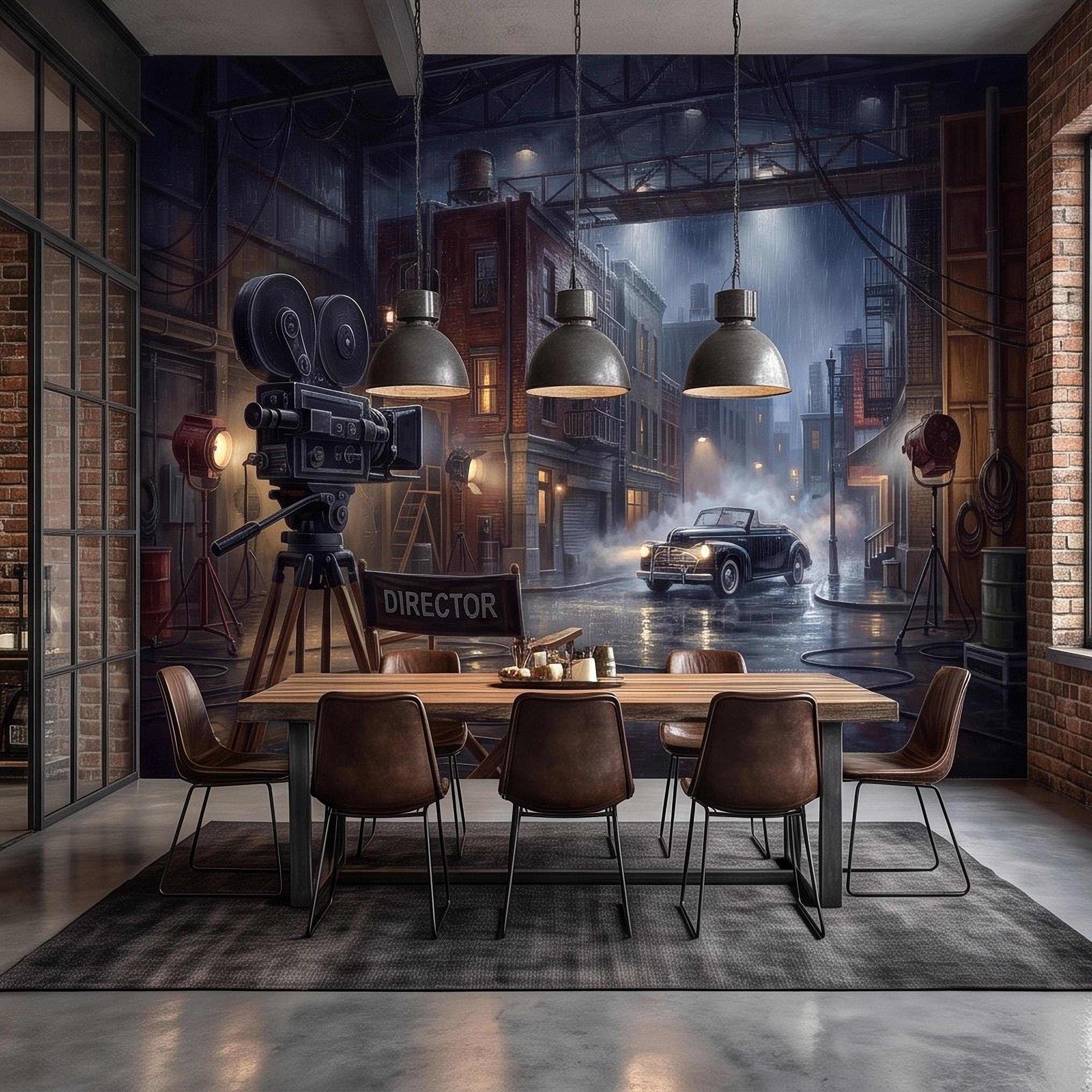 Hollywood Movie Set Peel and Stick Wall Mural, Vintage Film Camera Director Chair Rainy Street Classic Cinema Backlot Retro Film Wallpaper