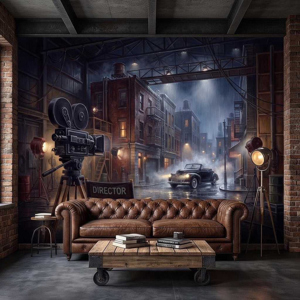 Hollywood Movie Set Peel and Stick Wall Mural, Vintage Film Camera Director Chair Rainy Street Classic Cinema Backlot Retro Film Wallpaper