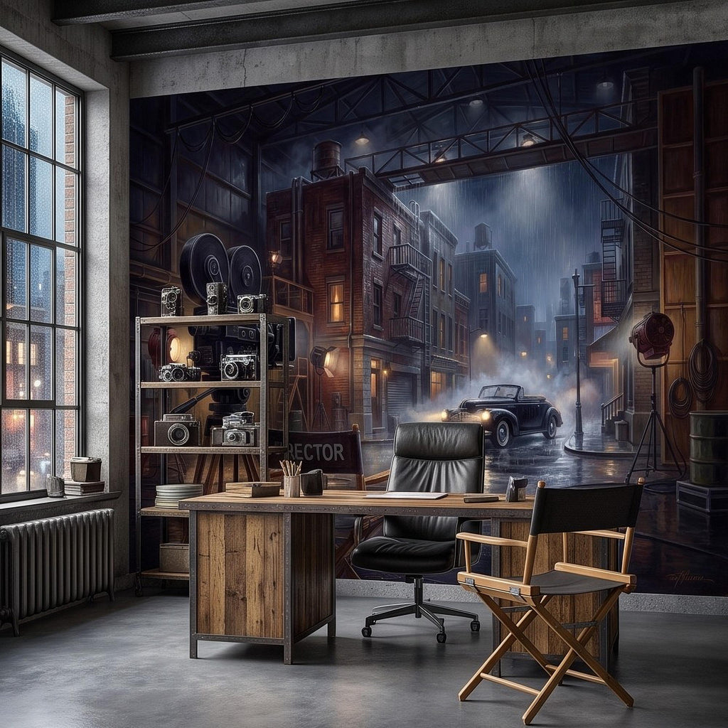 Hollywood Movie Set Peel and Stick Wall Mural, Vintage Film Camera Director Chair Rainy Street Classic Cinema Backlot Retro Film Wallpaper