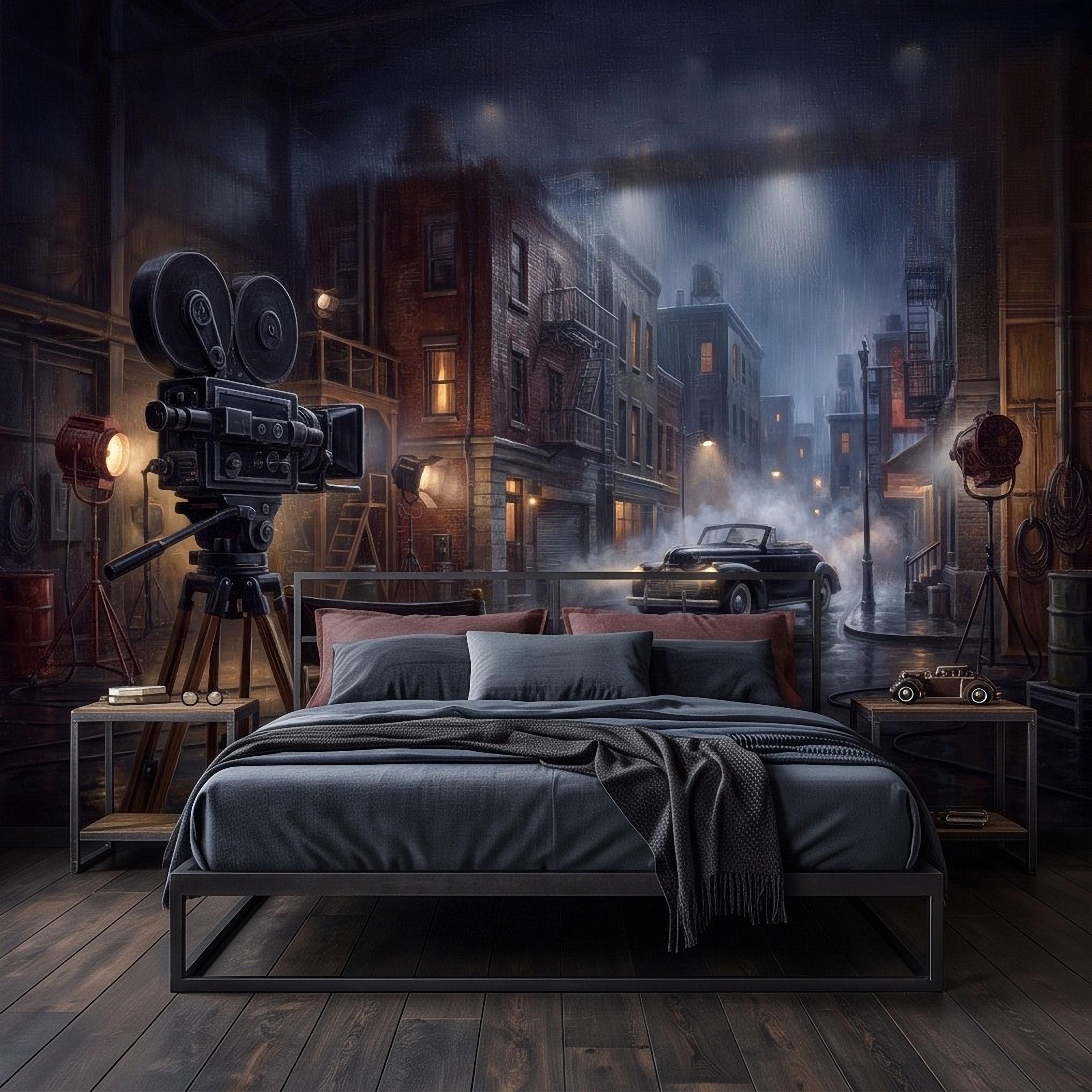 Hollywood Movie Set Peel and Stick Wall Mural, Vintage Film Camera Director Chair Rainy Street Classic Cinema Backlot Retro Film Wallpaper