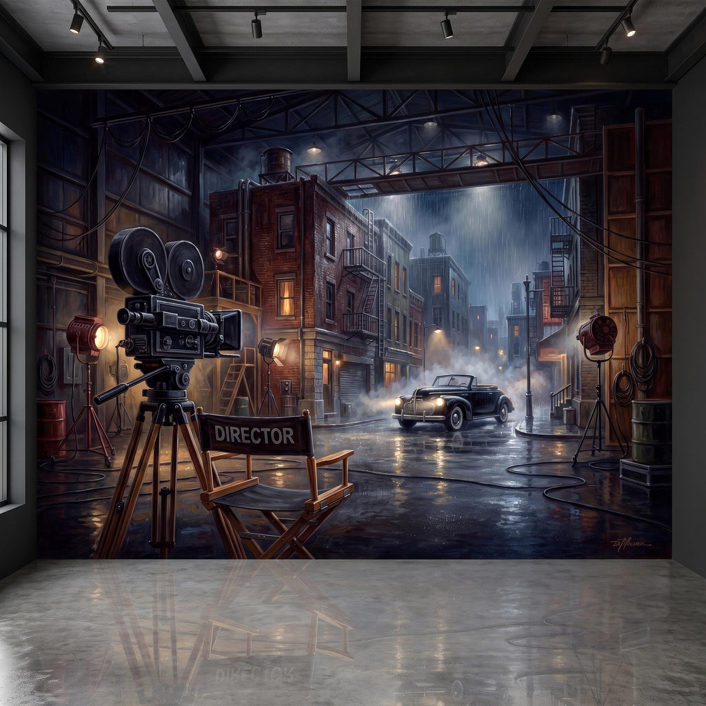 Hollywood Movie Set Peel and Stick Wall Mural, Vintage Film Camera Director Chair Rainy Street Classic Cinema Backlot Retro Film Wallpaper