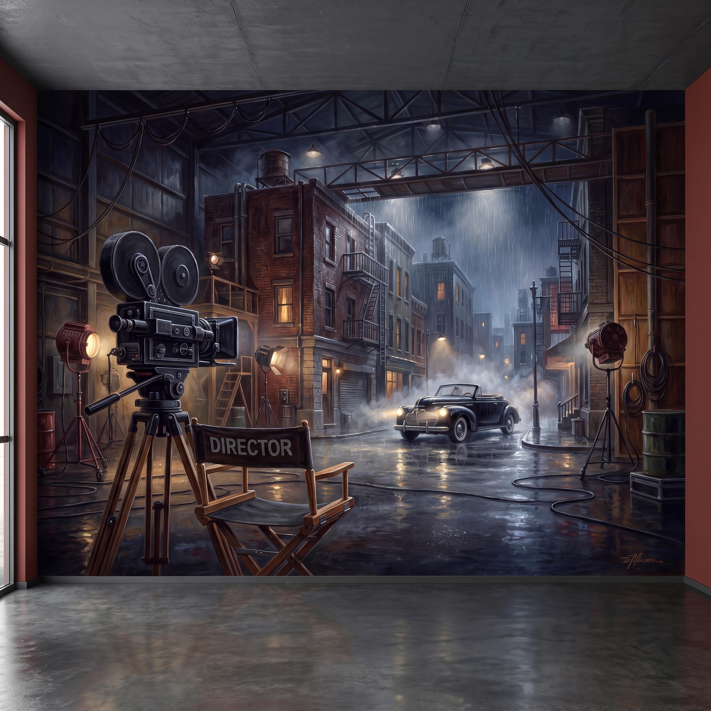 Hollywood Movie Set Peel and Stick Wall Mural, Vintage Film Camera Director Chair Rainy Street Classic Cinema Backlot Retro Film Wallpaper