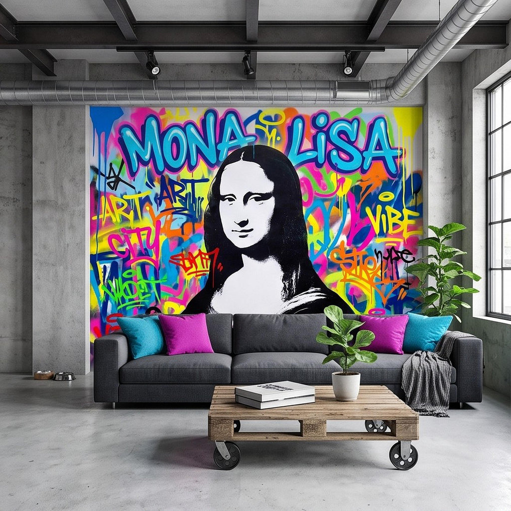 Mona Lisa Graffiti Peel and Stick Wall Mural, Colorful Street Style Renaissance Portrait Pop Culture Urban Graffiti Eclectic Wallpaper