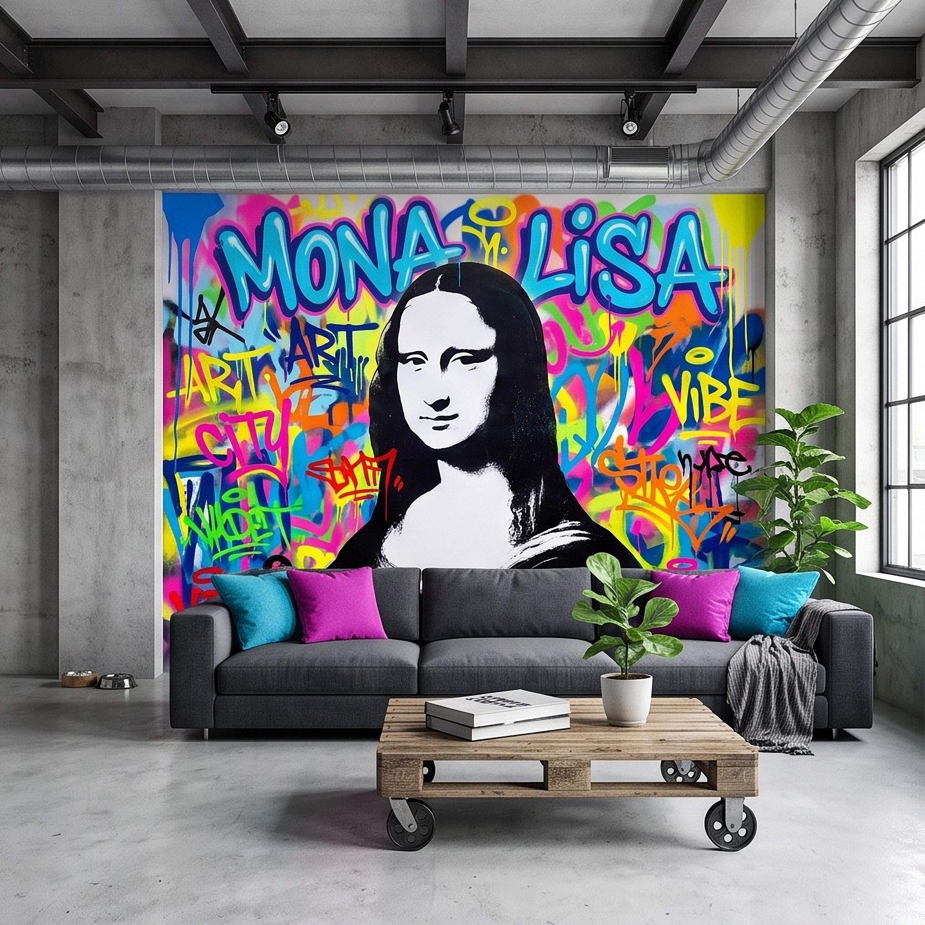 Mona Lisa Graffiti Peel and Stick Wall Mural, Colorful Street Style Renaissance Portrait Pop Culture Urban Graffiti Eclectic Wallpaper
