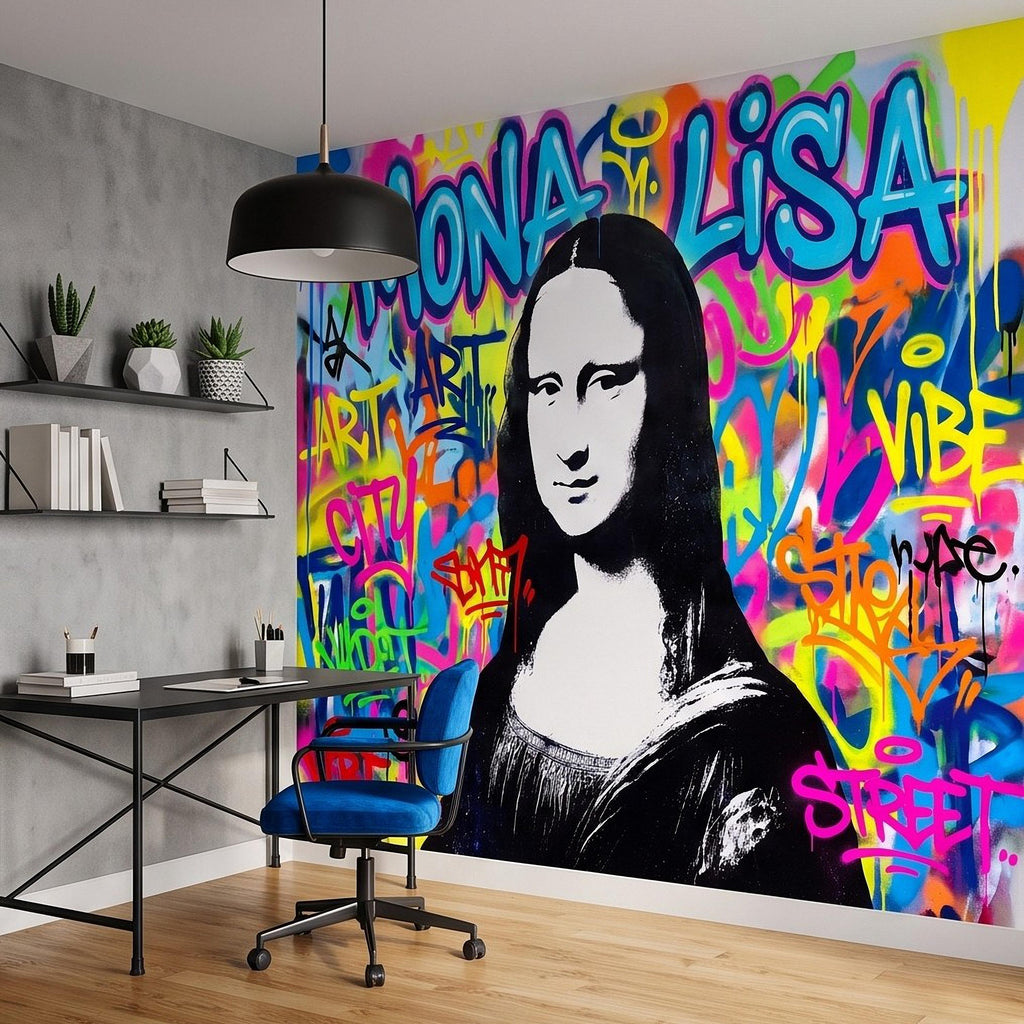 Mona Lisa Graffiti Peel and Stick Wall Mural, Colorful Street Style Renaissance Portrait Pop Culture Urban Graffiti Eclectic Wallpaper