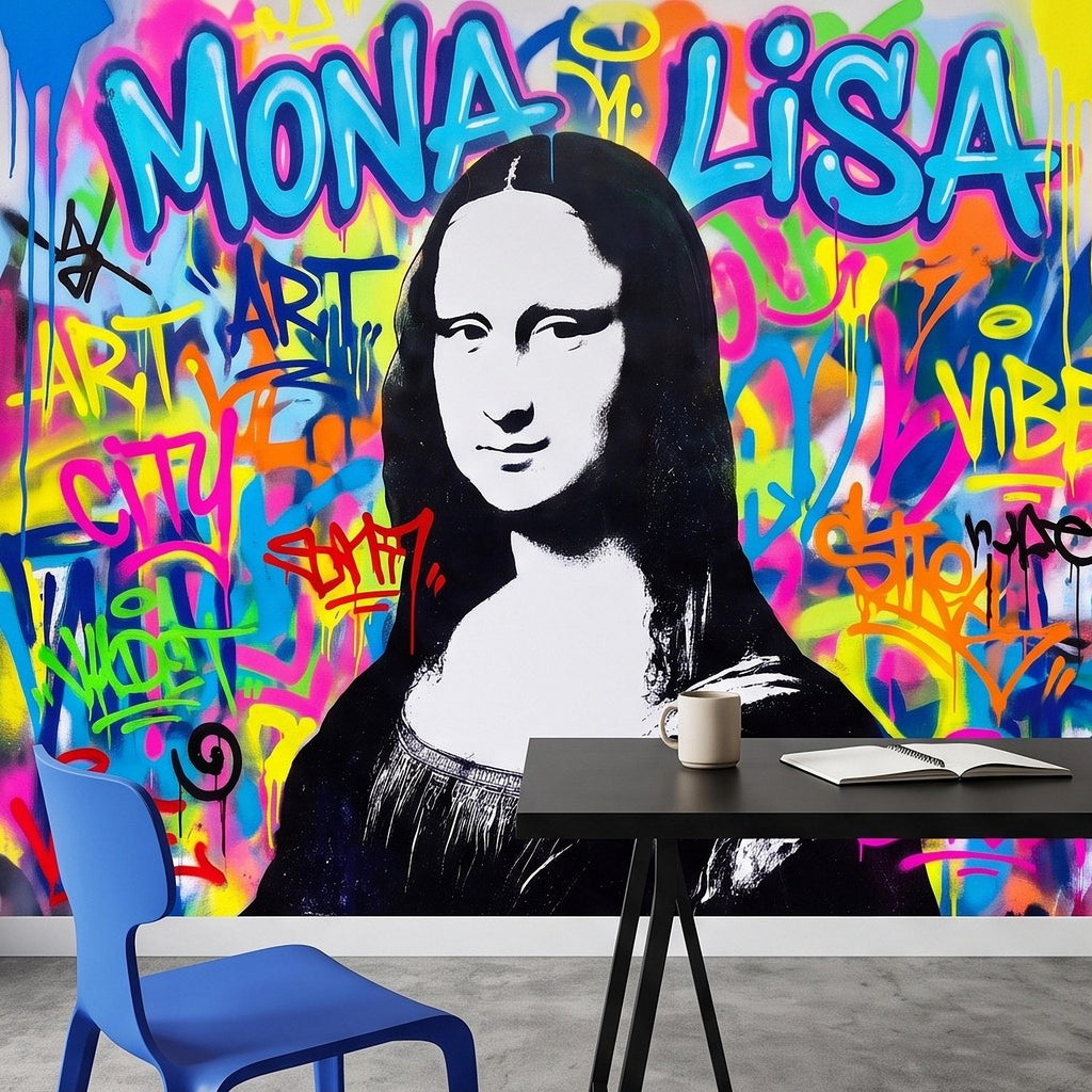 Mona Lisa Graffiti Peel and Stick Wall Mural, Colorful Street Style Renaissance Portrait Pop Culture Urban Graffiti Eclectic Wallpaper