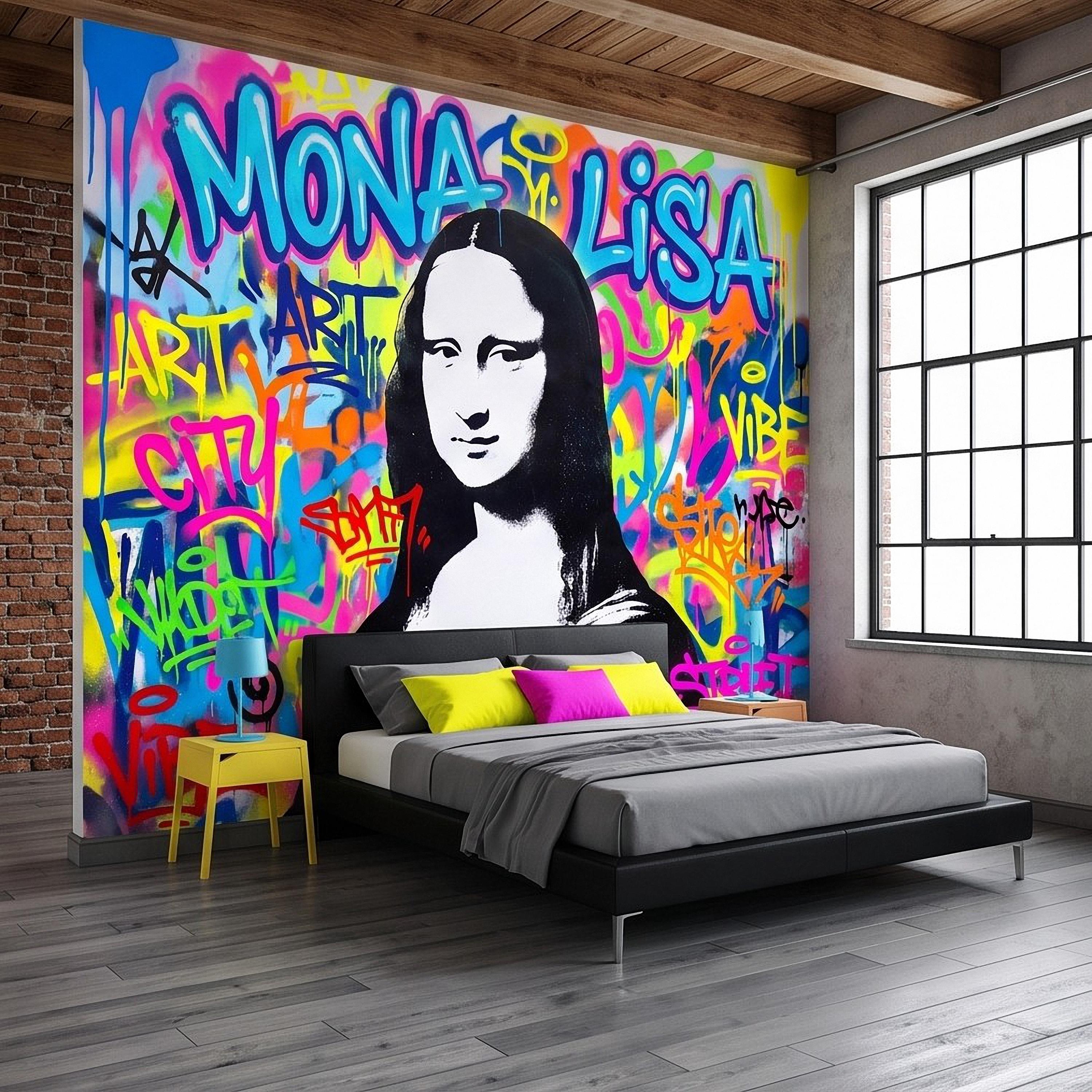 Mona Lisa Graffiti Peel and Stick Wall Mural, Colorful Street Style Renaissance Portrait Pop Culture Urban Graffiti Eclectic Wallpaper