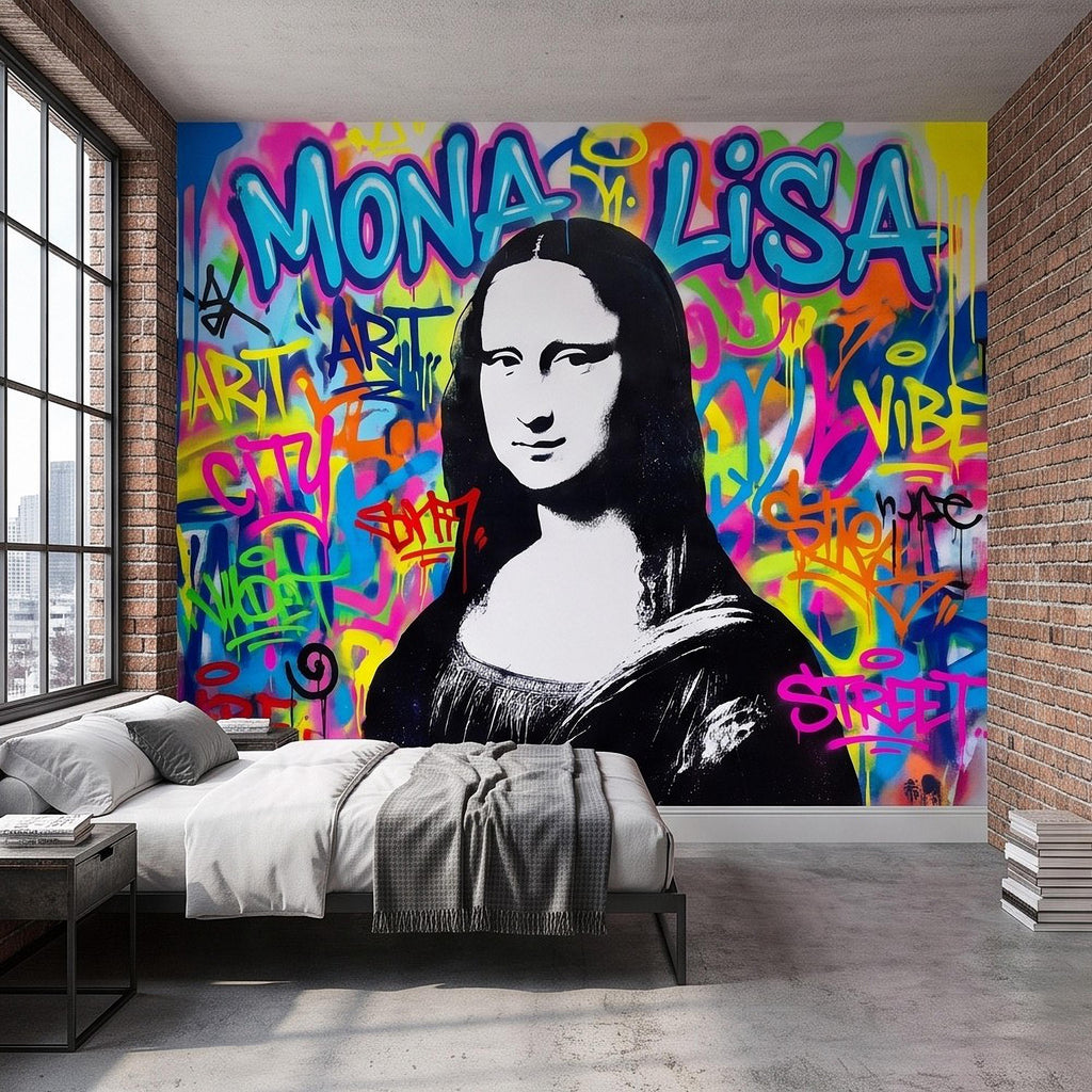 Mona Lisa Graffiti Peel and Stick Wall Mural, Colorful Street Style Renaissance Portrait Pop Culture Urban Graffiti Eclectic Wallpaper