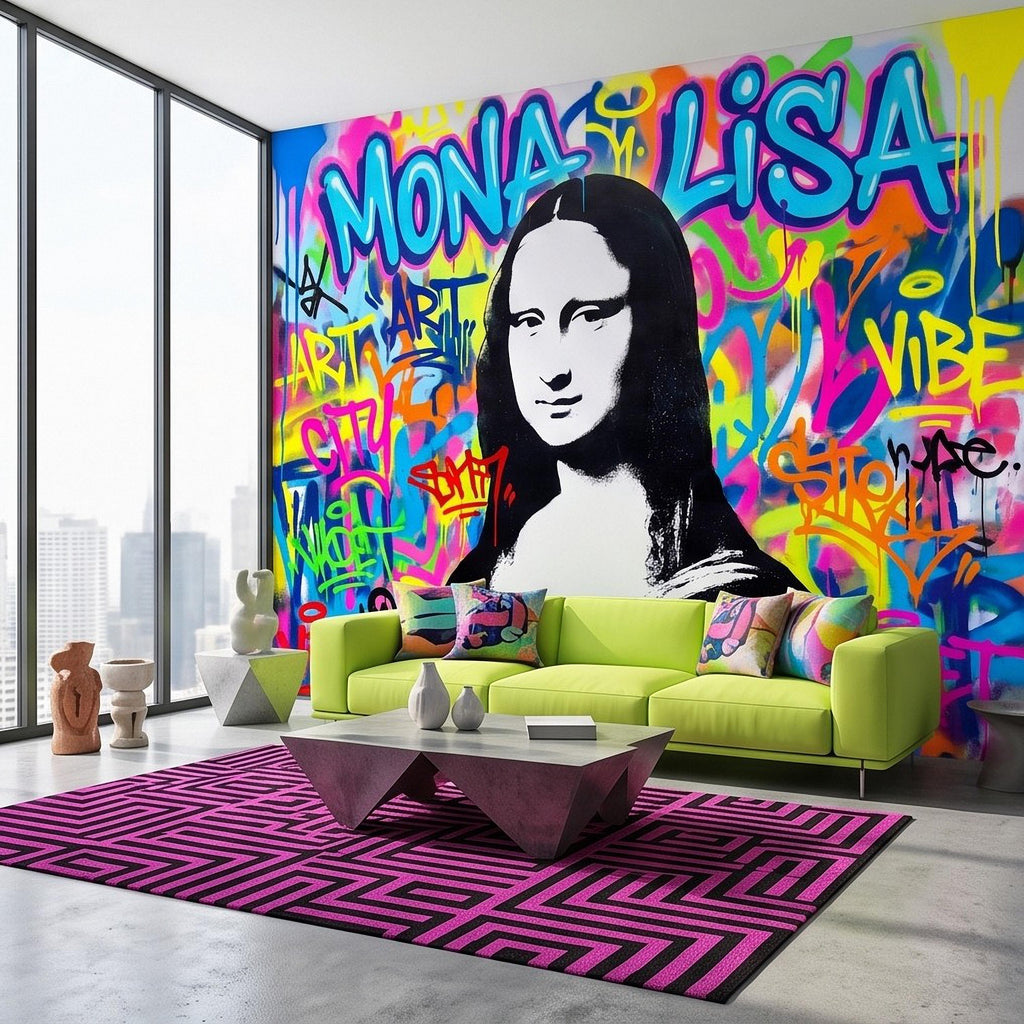 Mona Lisa Graffiti Peel and Stick Wall Mural, Colorful Street Style Renaissance Portrait Pop Culture Urban Graffiti Eclectic Wallpaper