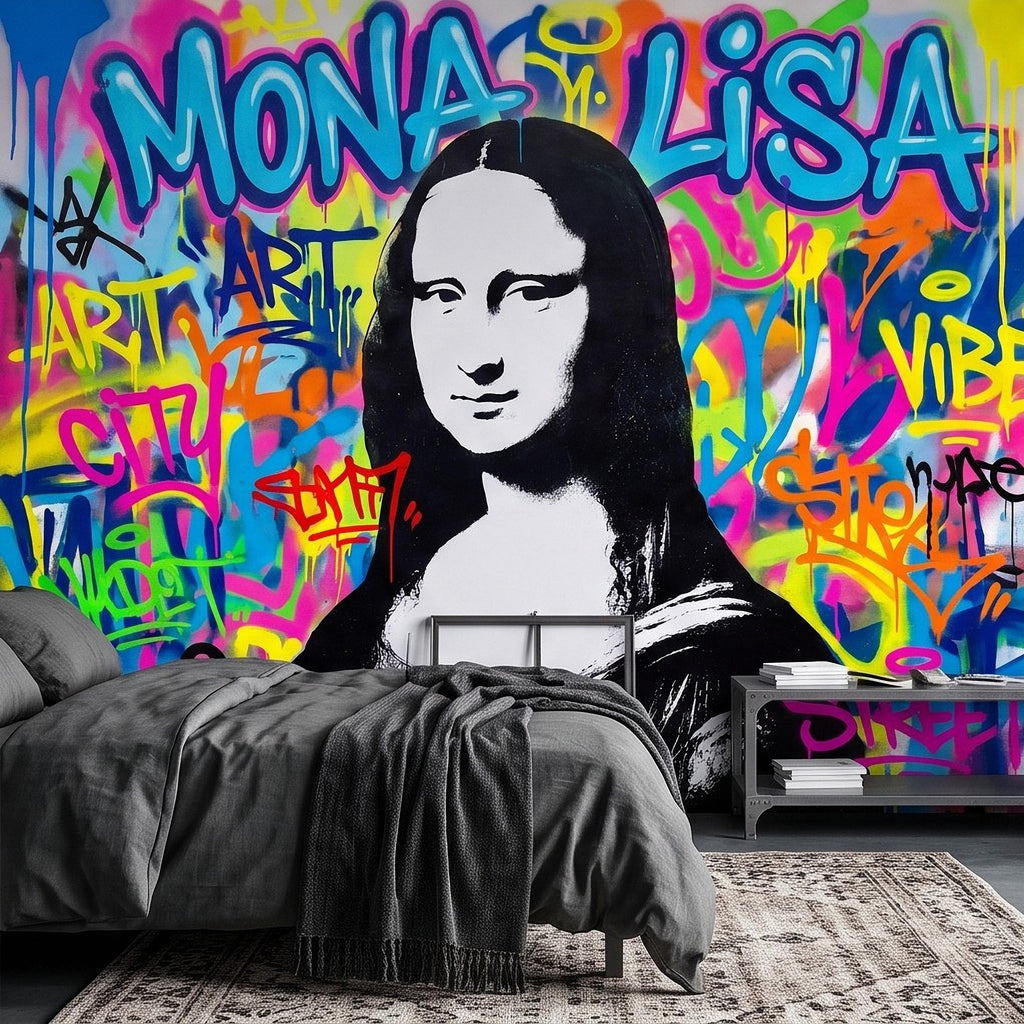 Mona Lisa Graffiti Peel and Stick Wall Mural, Colorful Street Style Renaissance Portrait Pop Culture Urban Graffiti Eclectic Wallpaper
