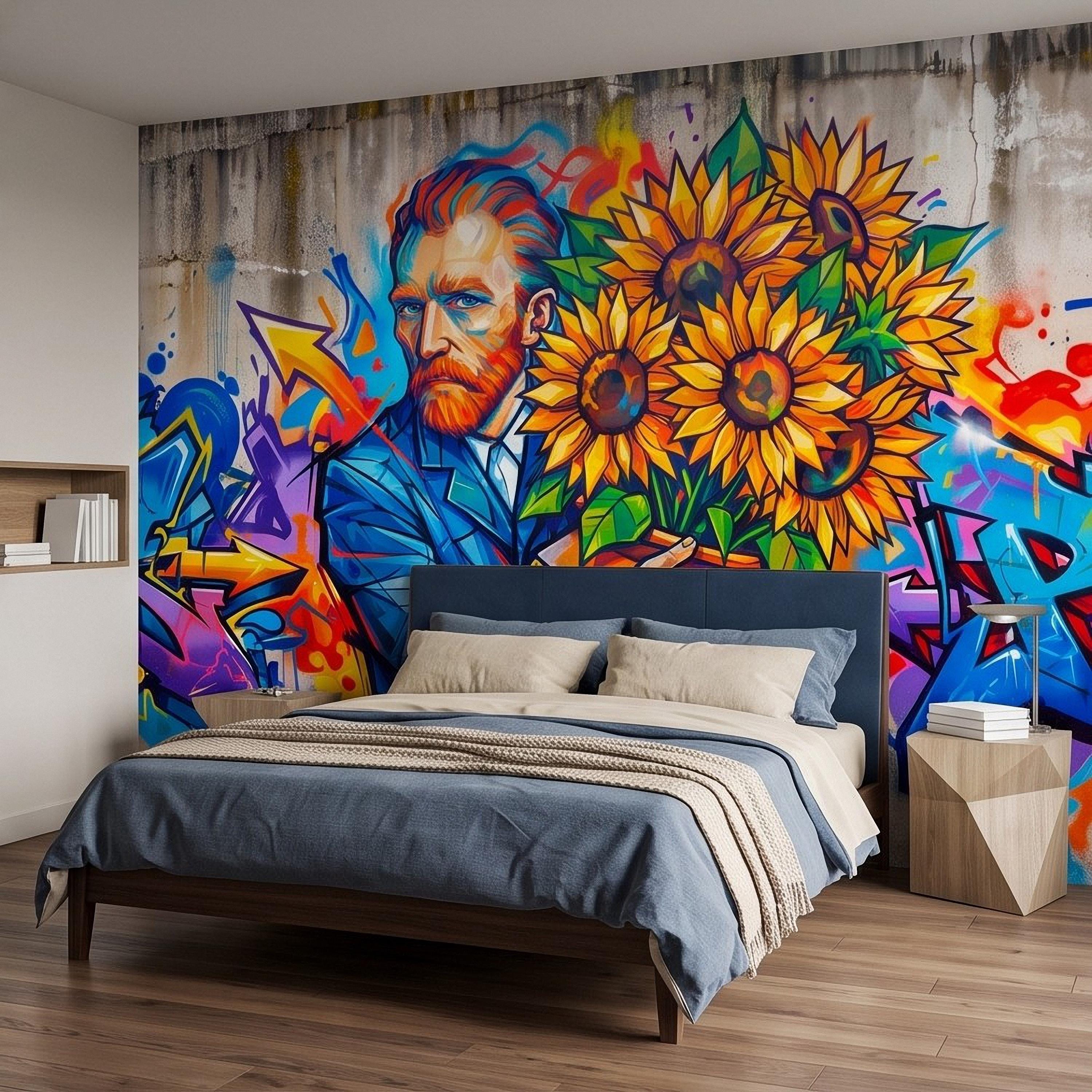 Van Gogh Sunflowers Peel and Stick Wall Mural, Colorful Graffiti Portrait Famous Painter Street Style Pop Culture Vibrant Wallpaper