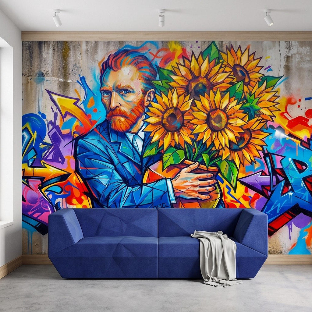 Van Gogh Sunflowers Peel and Stick Wall Mural, Colorful Graffiti Portrait Famous Painter Street Style Pop Culture Vibrant Wallpaper