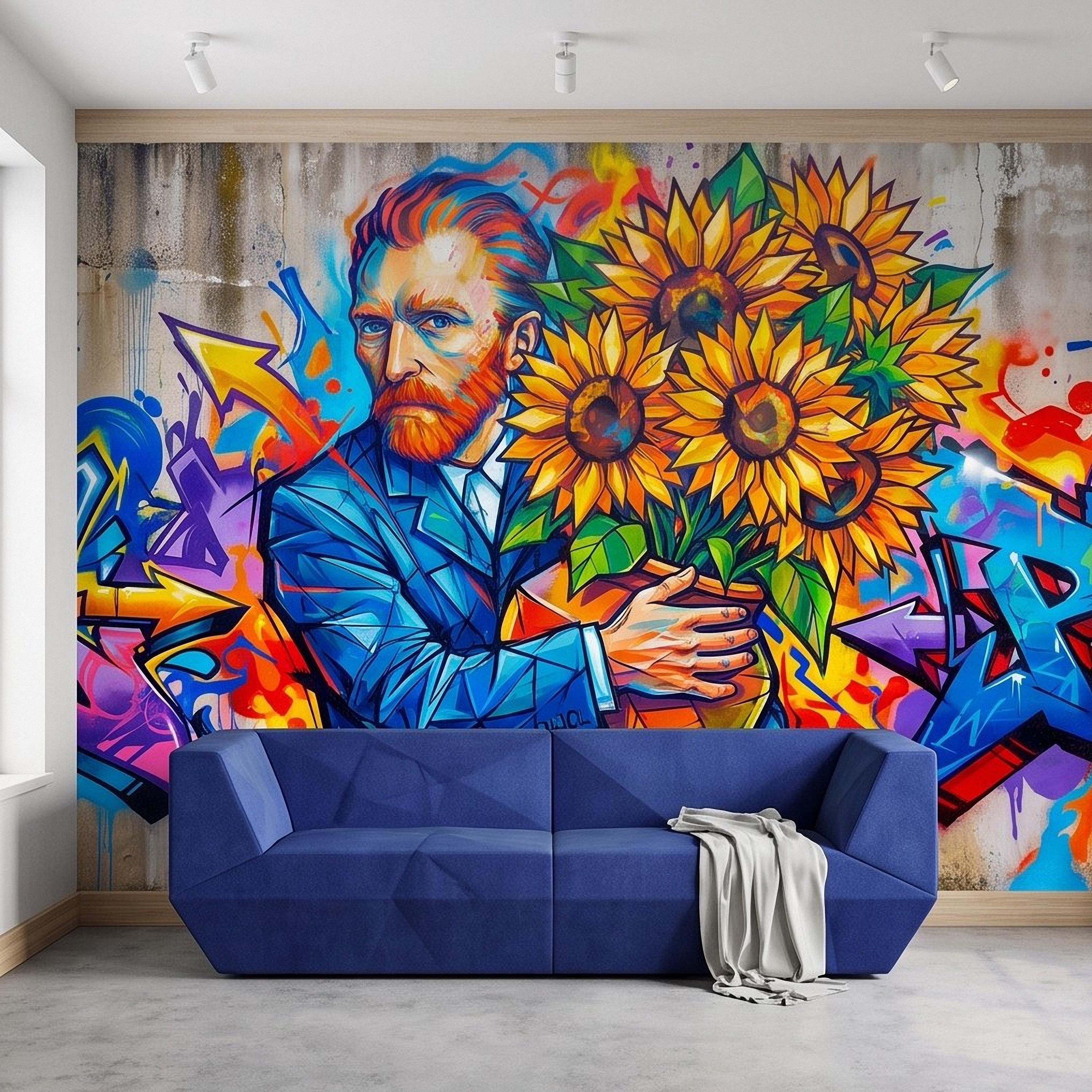 Van Gogh Sunflowers Peel and Stick Wall Mural, Colorful Graffiti Portrait Famous Painter Street Style Pop Culture Vibrant Wallpaper