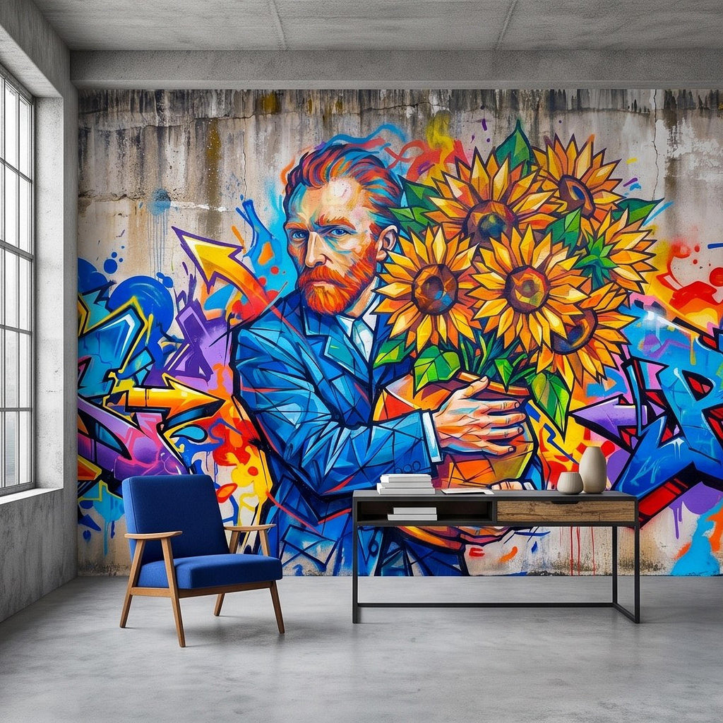 Van Gogh Sunflowers Peel and Stick Wall Mural, Colorful Graffiti Portrait Famous Painter Street Style Pop Culture Vibrant Wallpaper